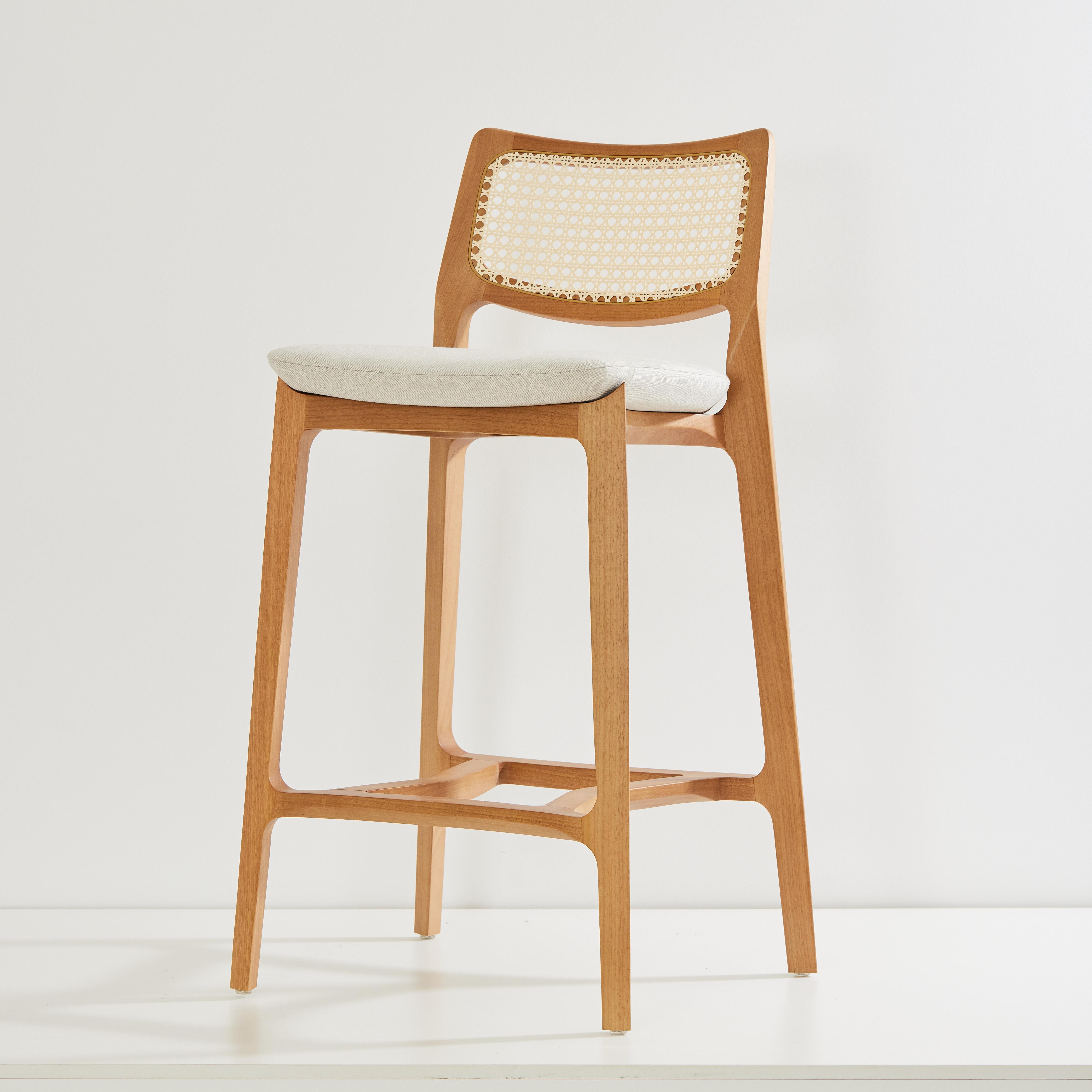 Post-Modern Aurora stool, light honey solid wood, natural caning back, cream textile seating For Sale