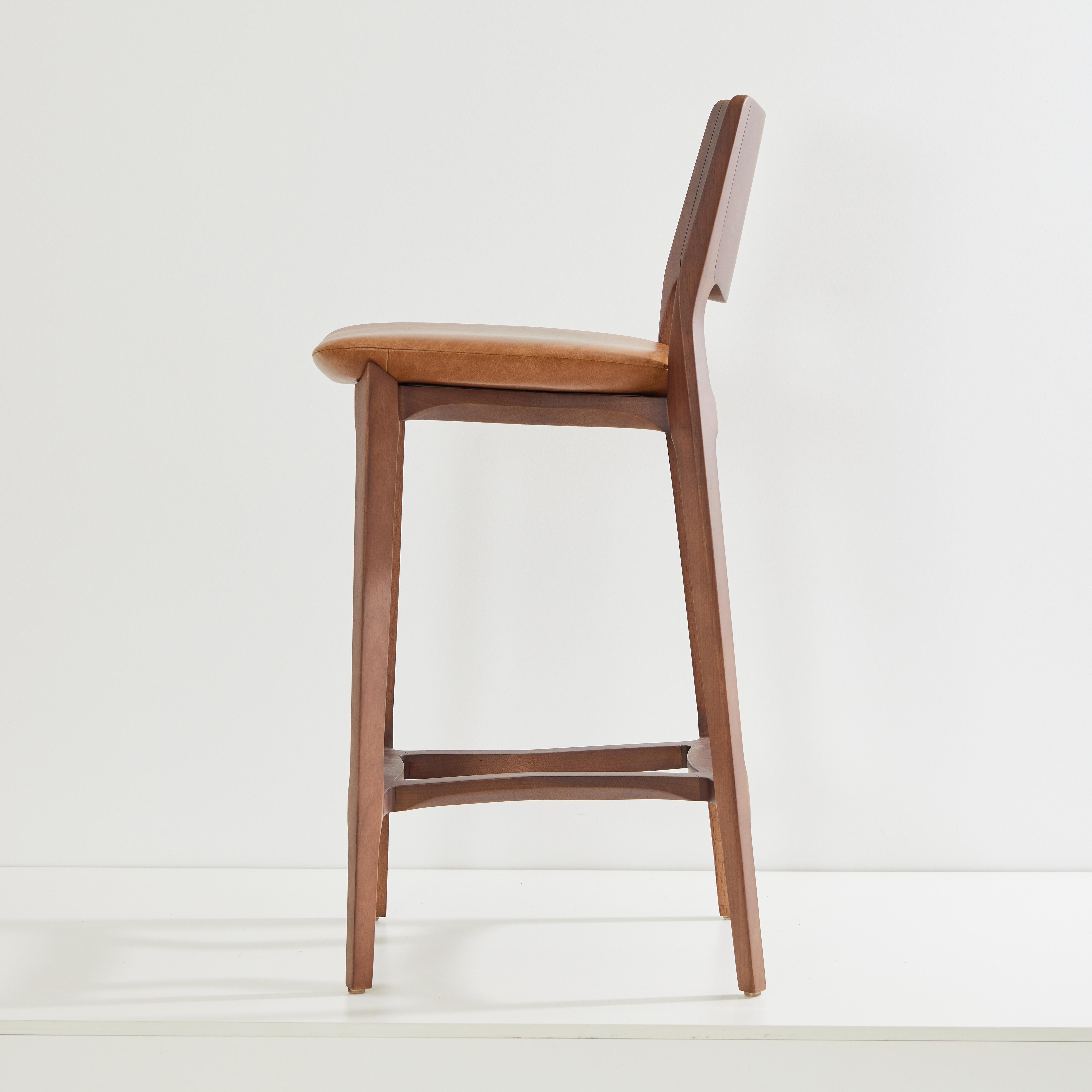 Brazilian Aurora stool, walnut solid wood finish, solid back, camel leather seating For Sale