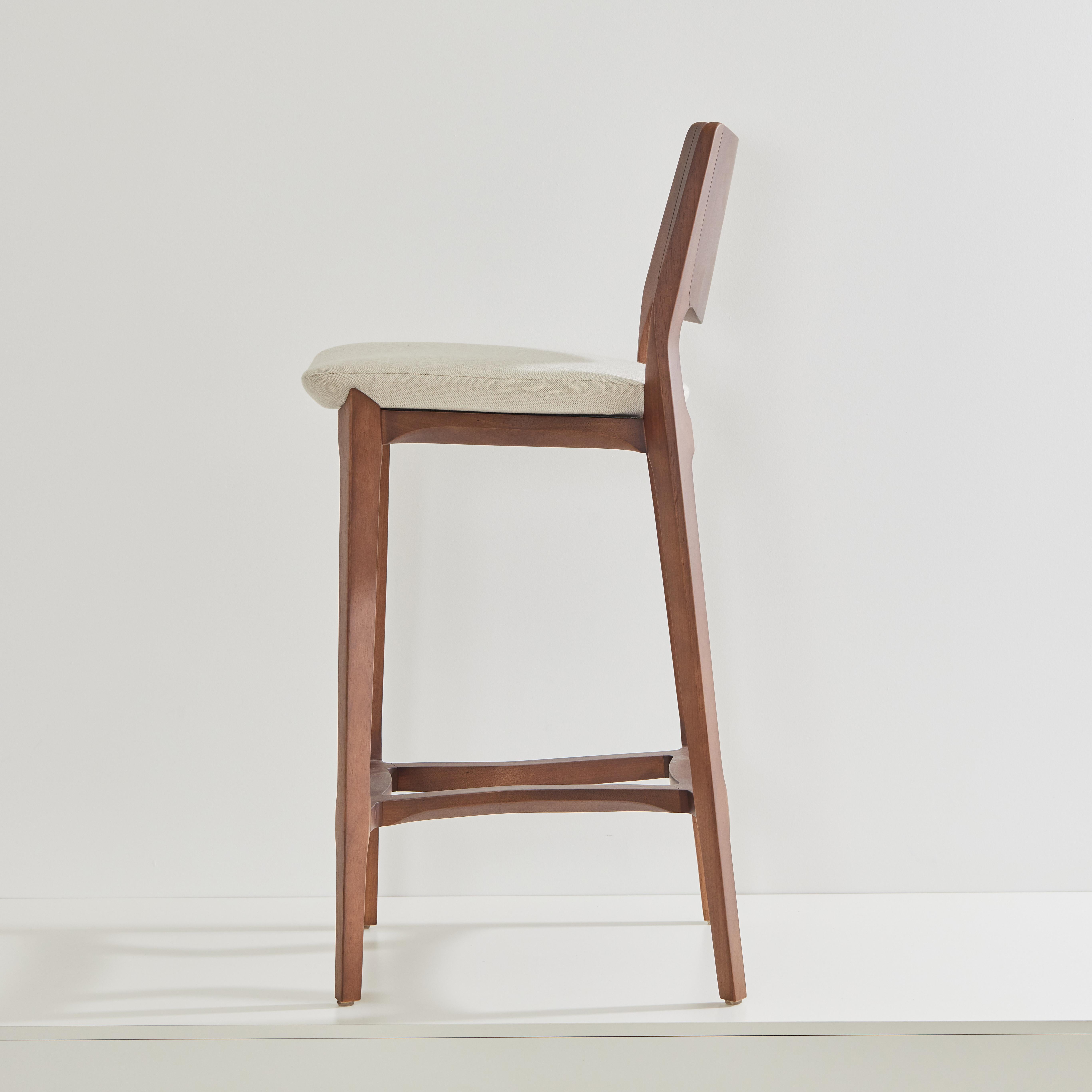 Post-Modern Aurora stool, walnut solid wood finish, solid back, off white textiles seating For Sale