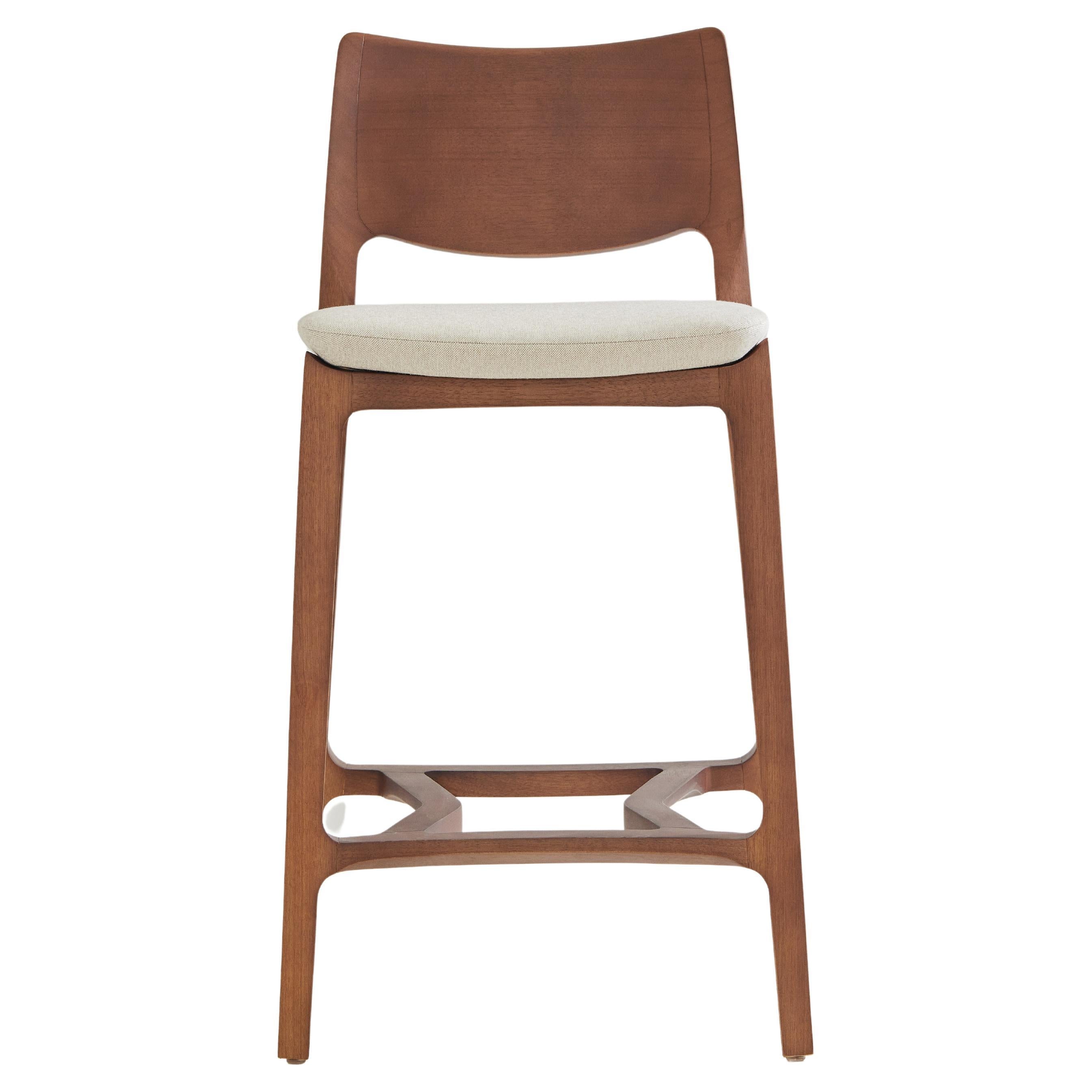 Aurora stool, walnut solid wood finish, solid back, off white textiles seating For Sale