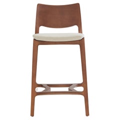 Aurora stool, walnut solid wood finish, solid back, off white textiles seating