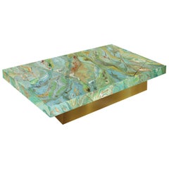 Modern  green Coffee Table marbled Scagliola art decor Top Gold Leaf wooden Base