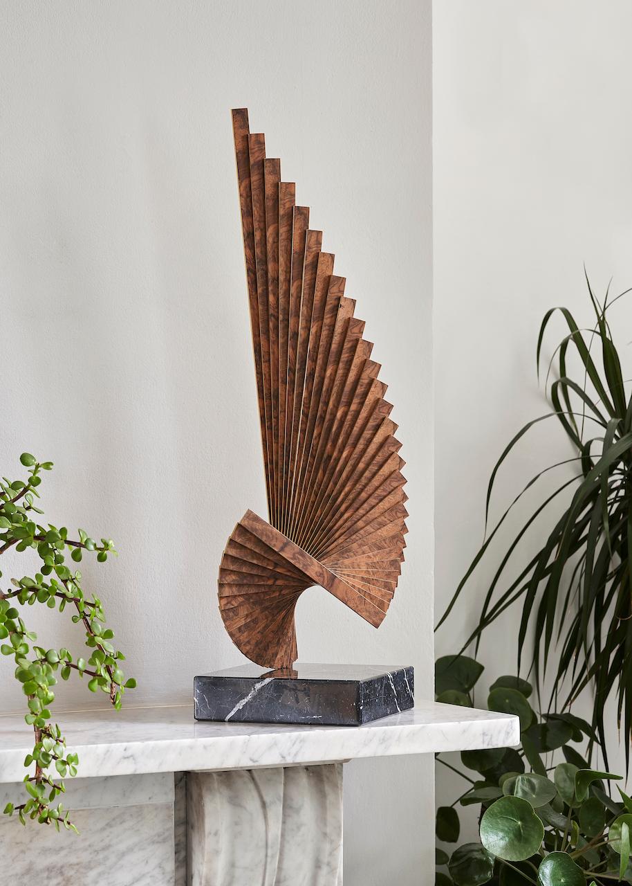 British Tabletop sculpture constructed from flitches of book-matched walnut and brass For Sale