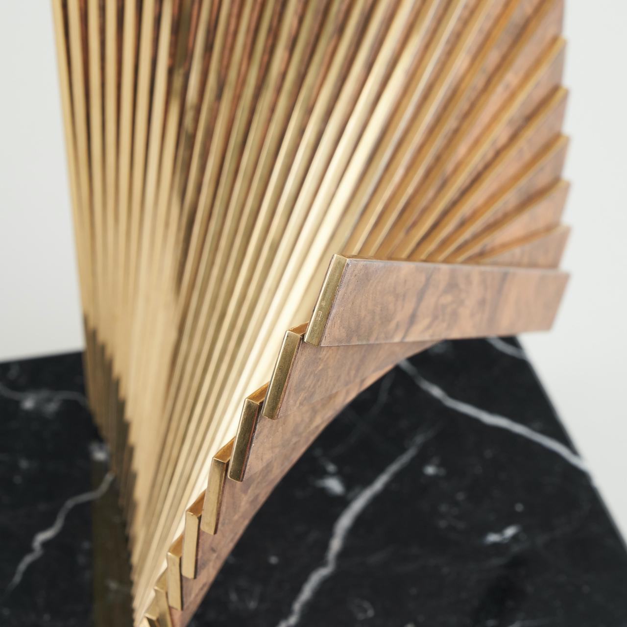Parquetry Tabletop sculpture constructed from flitches of book-matched walnut and brass For Sale