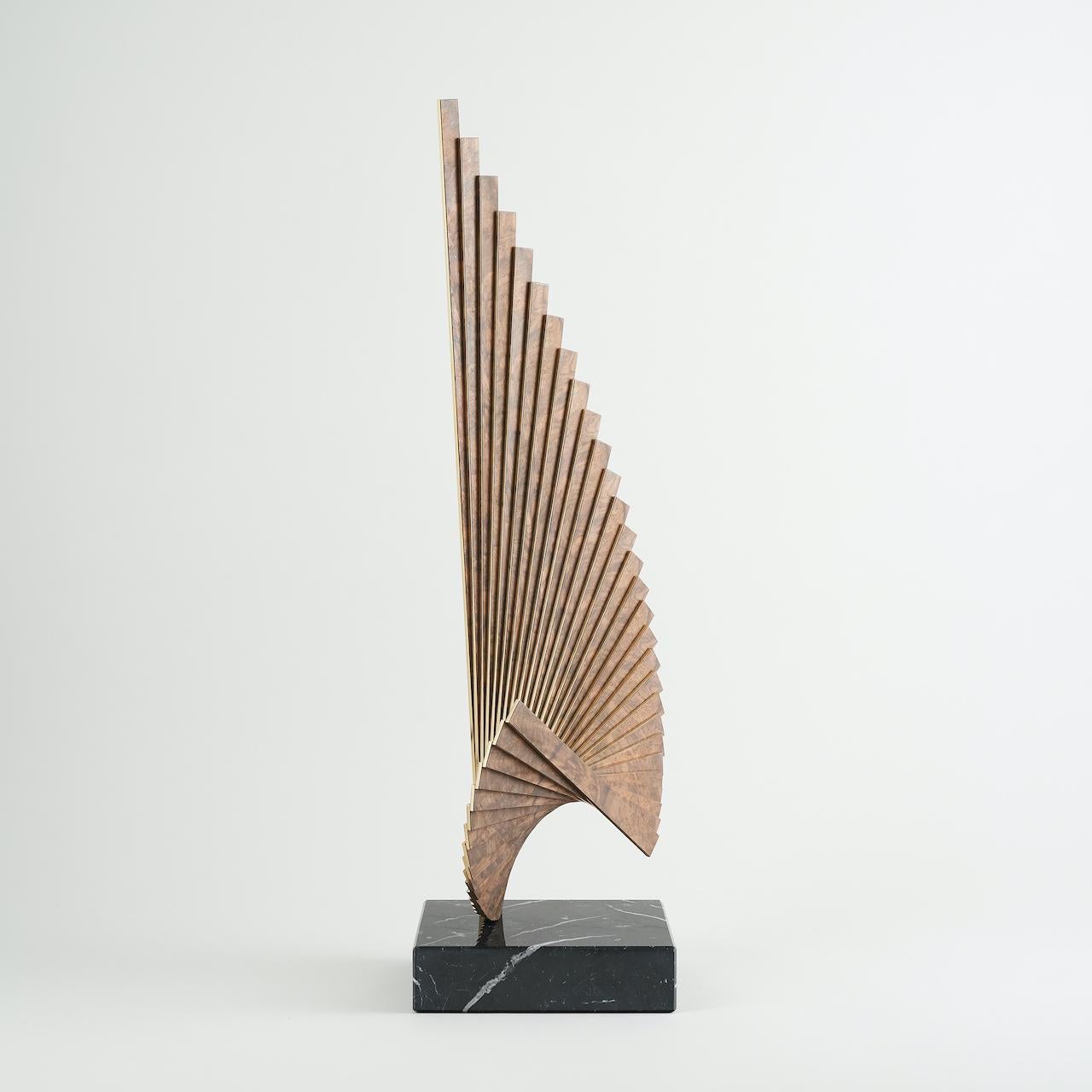 Contemporary Tabletop sculpture constructed from flitches of book-matched walnut and brass For Sale