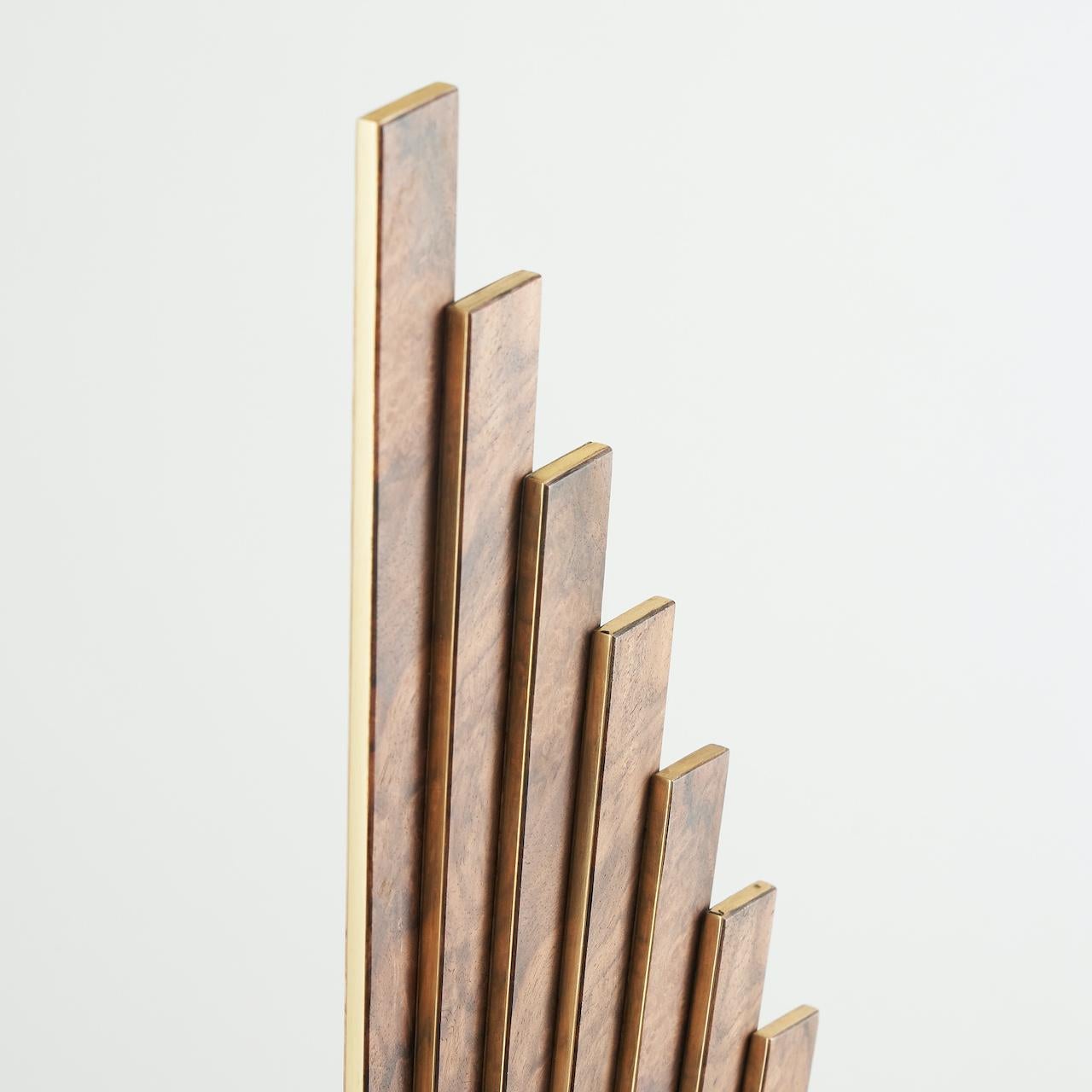 Brass Tabletop sculpture constructed from flitches of book-matched walnut and brass For Sale