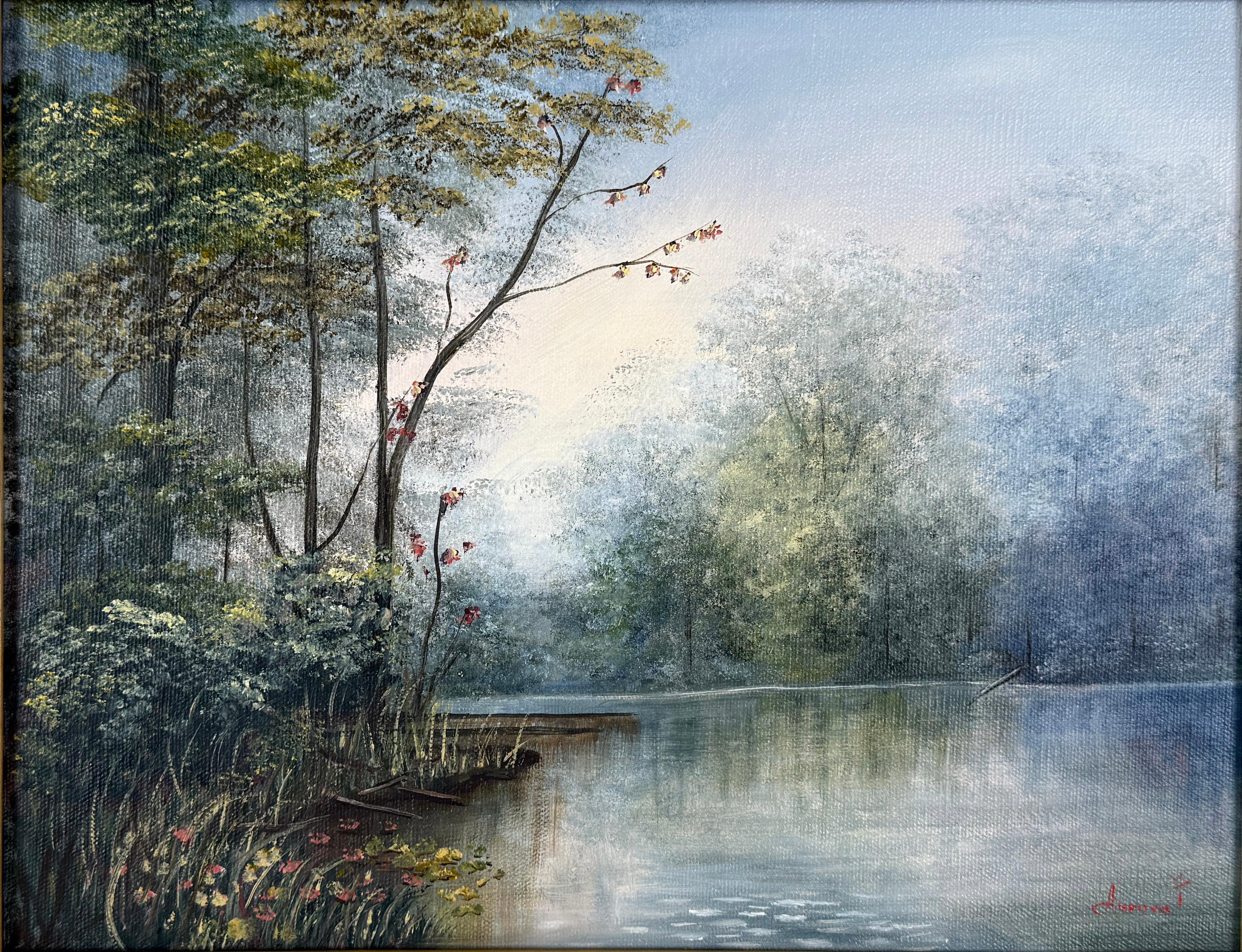 Estanque brumoso en San Antonio Texas Óleo original sobre lienzo - Painting de Aurora V. Herrera