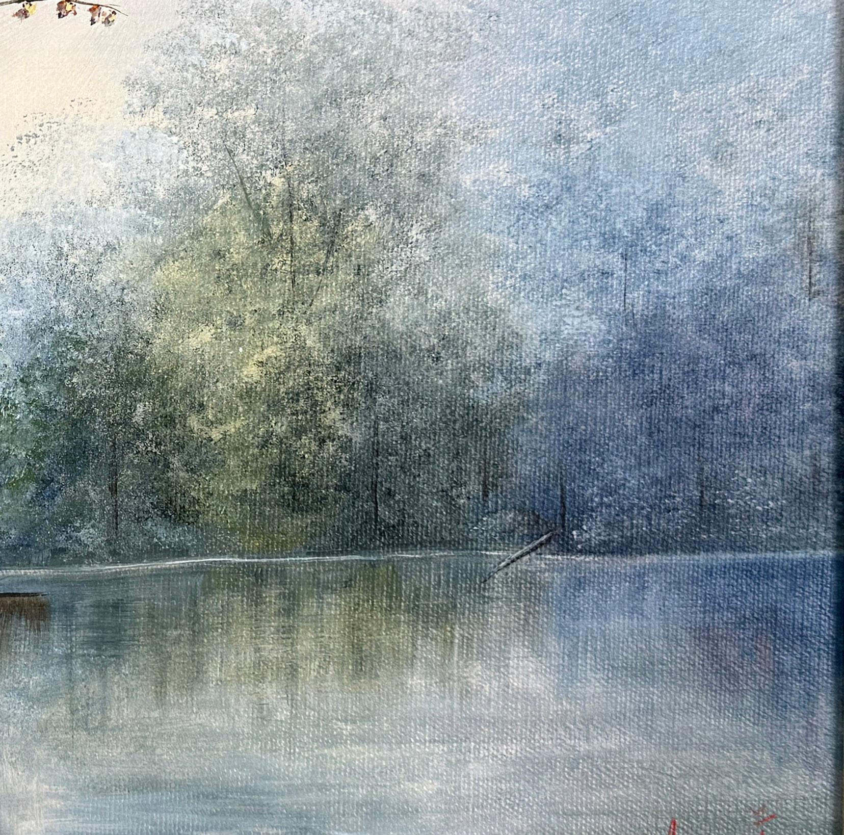 Estanque brumoso en San Antonio Texas Óleo original sobre lienzo - Painting impresionista estadounidense de Aurora V. Herrera