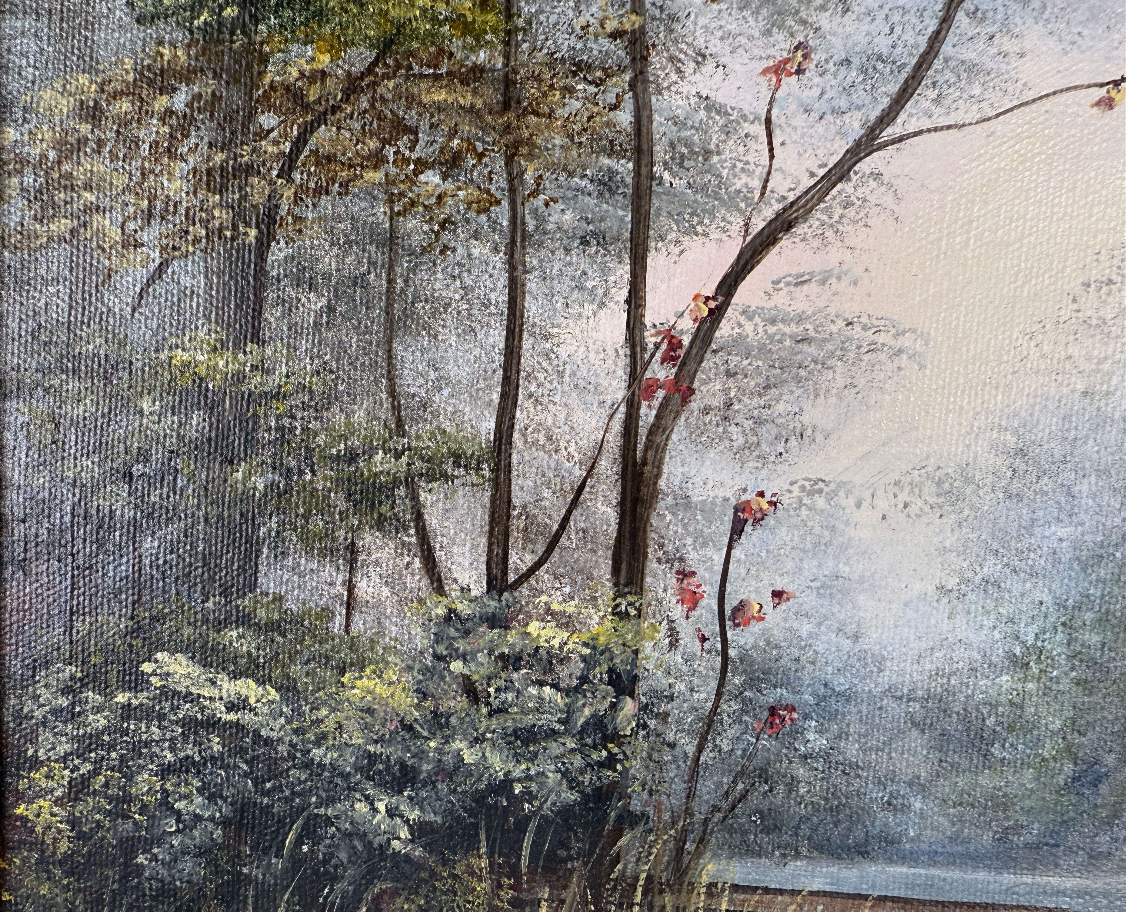 Estanque brumoso en San Antonio Texas Óleo original sobre lienzo - Landscape Painting Marrón de Aurora V. Herrera