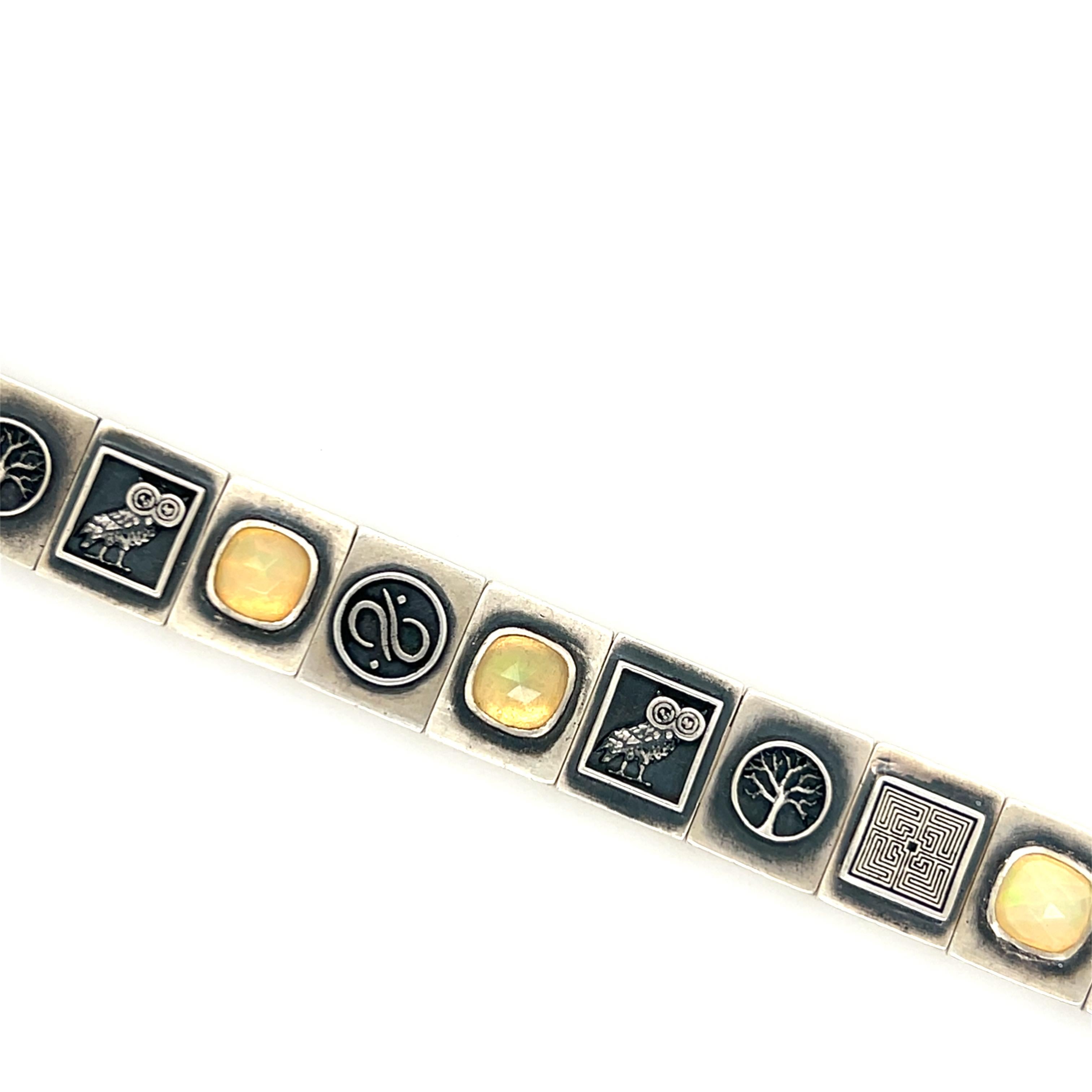 Contemporary Aurum Brothers Owl of Minerva Rose Cut Cushion Opal and Sterling Silver Bracelet For Sale