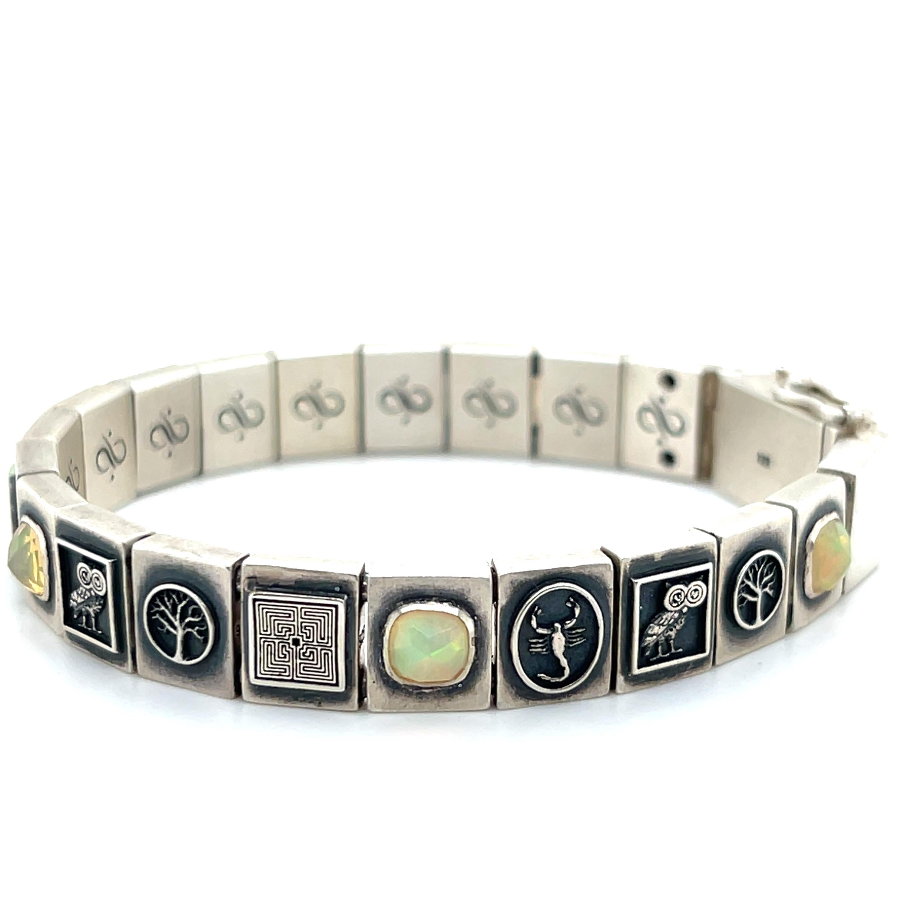 Women's or Men's Aurum Brothers Owl of Minerva Rose Cut Cushion Opal and Sterling Silver Bracelet For Sale