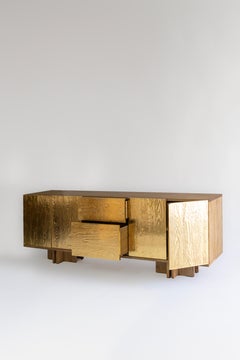 AURUM Credenza, Ash and Rosa Morada Wood, 23k Gold