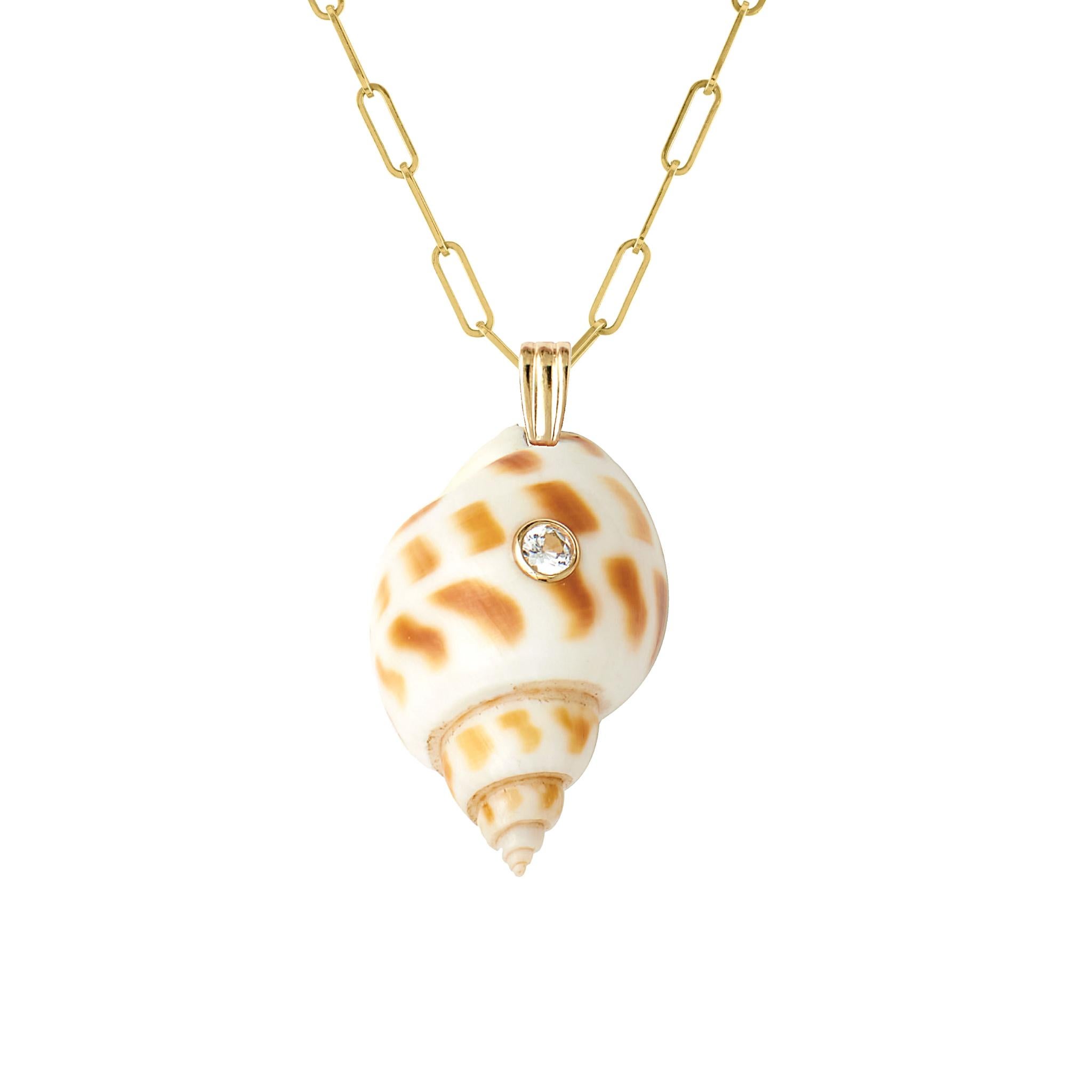 Modern Aurum Natural Shell Pendant with 14k Gold and White Sapphire Natural Gemstone