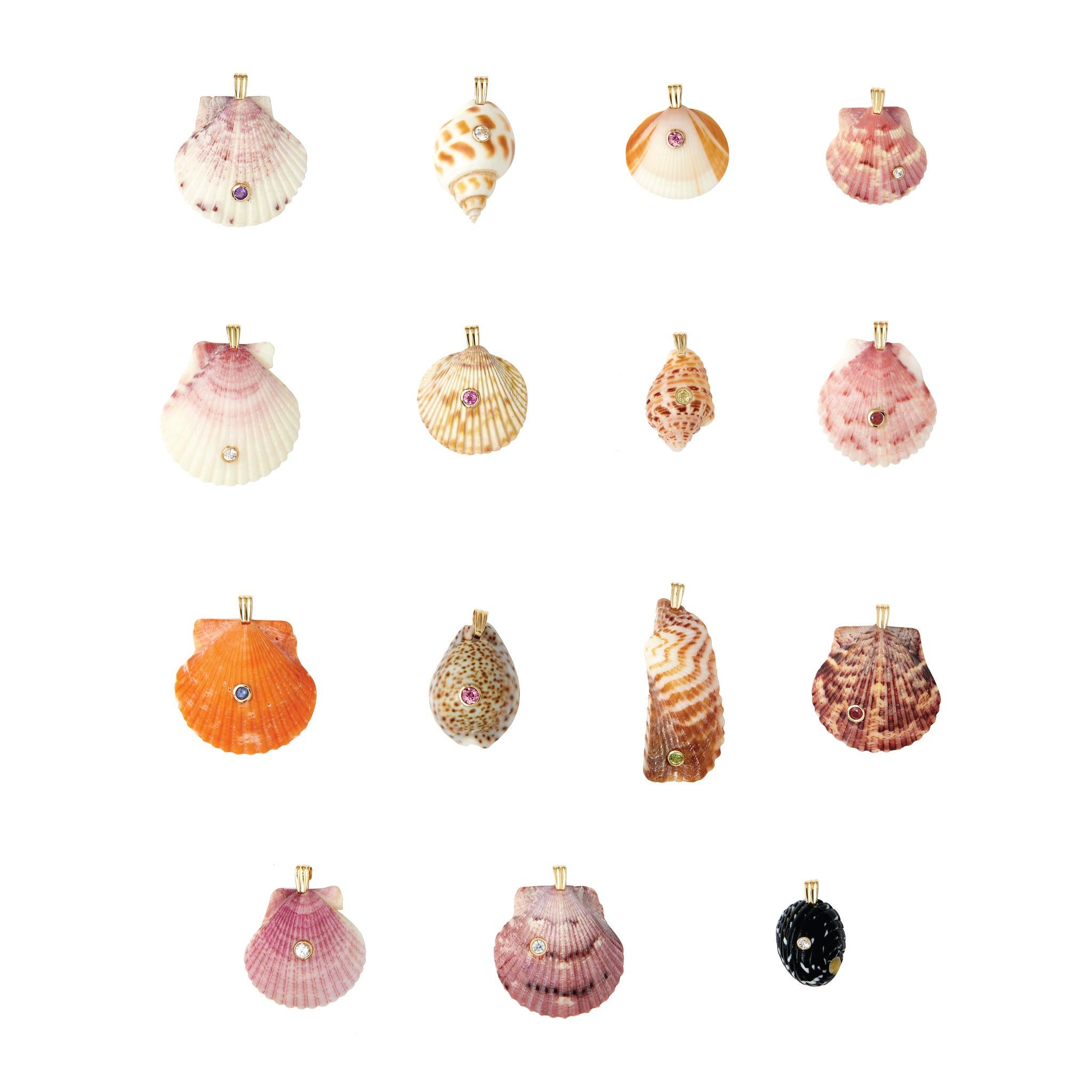 Aurum Natural Shell Pendant with 14k Gold and White Sapphire Natural Gemstone In New Condition In Miami, FL
