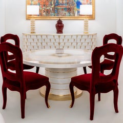 Mesa de Comedor Aurum Redonda Blanca con Base Dorada