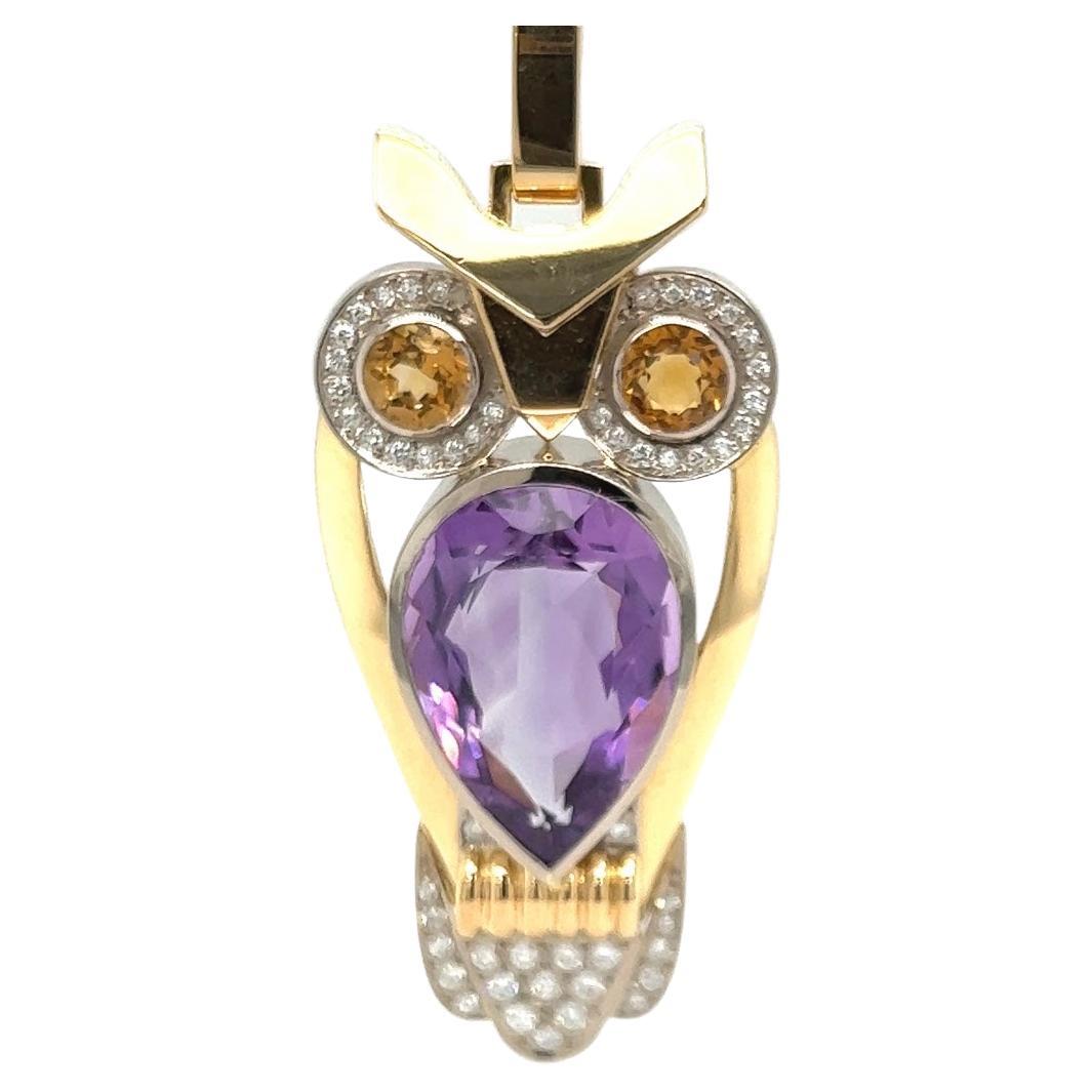 Ausgefallene Eule in 14 Karat Gelb -Und Weißgold Amethyst, Citrin + Brillanten` For Sale