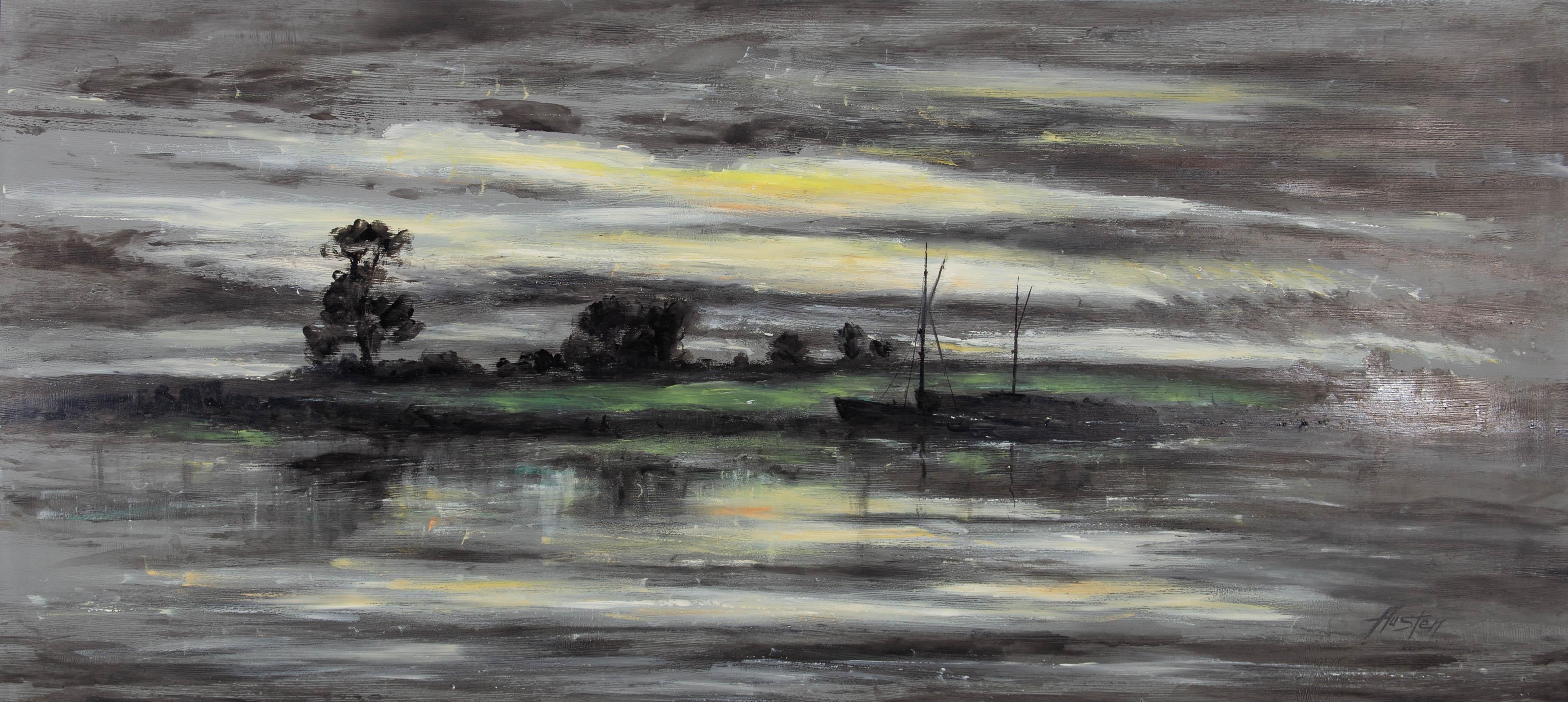 This atmospheric landscape depicts boats on on a calm river at night. Signed to the lower right. Presented in a white wooden frame. On canvas board.

























