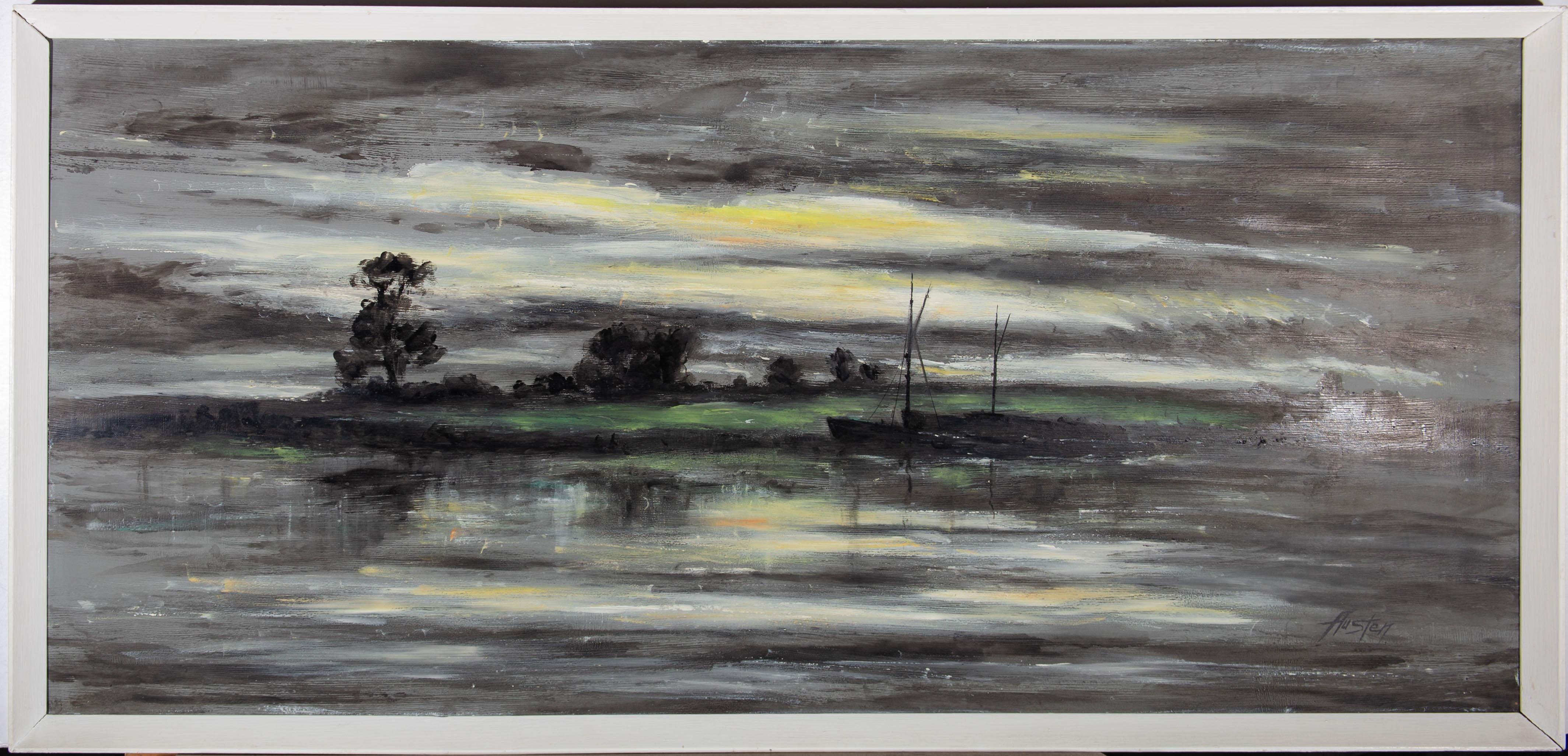 Questo paesaggio d'atmosfera raffigura delle barche su un fiume tranquillo di notte. Firmato in basso a destra. Presentato in una cornice di legno bianca. Su tavola di tela.

























