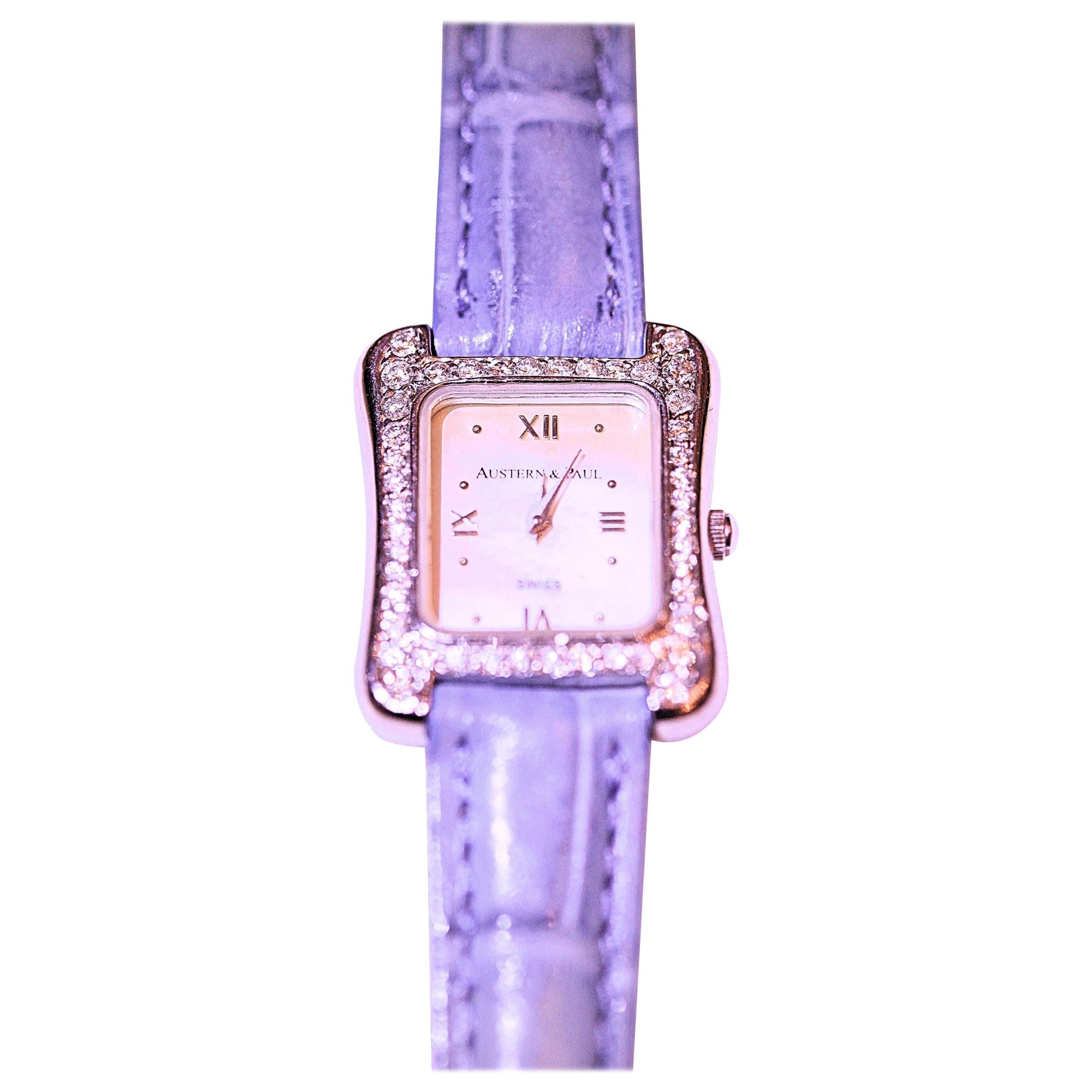 Austern Paul Diamond Tank Watch Mother of Pearl Dial 14 Karat White Gold Leather For Sale
