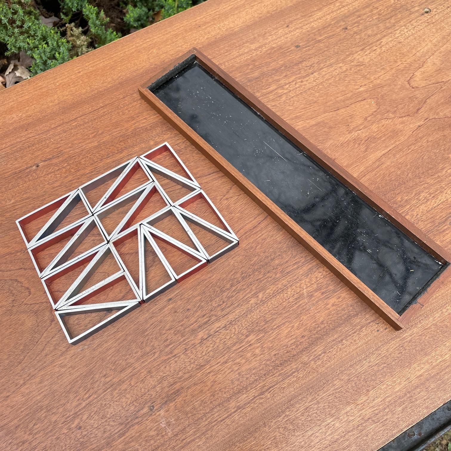 Machine-Made Austin Alcoa Puzzle Red + Blue Aluminum Triangles in Walnut Case Desktop Toy