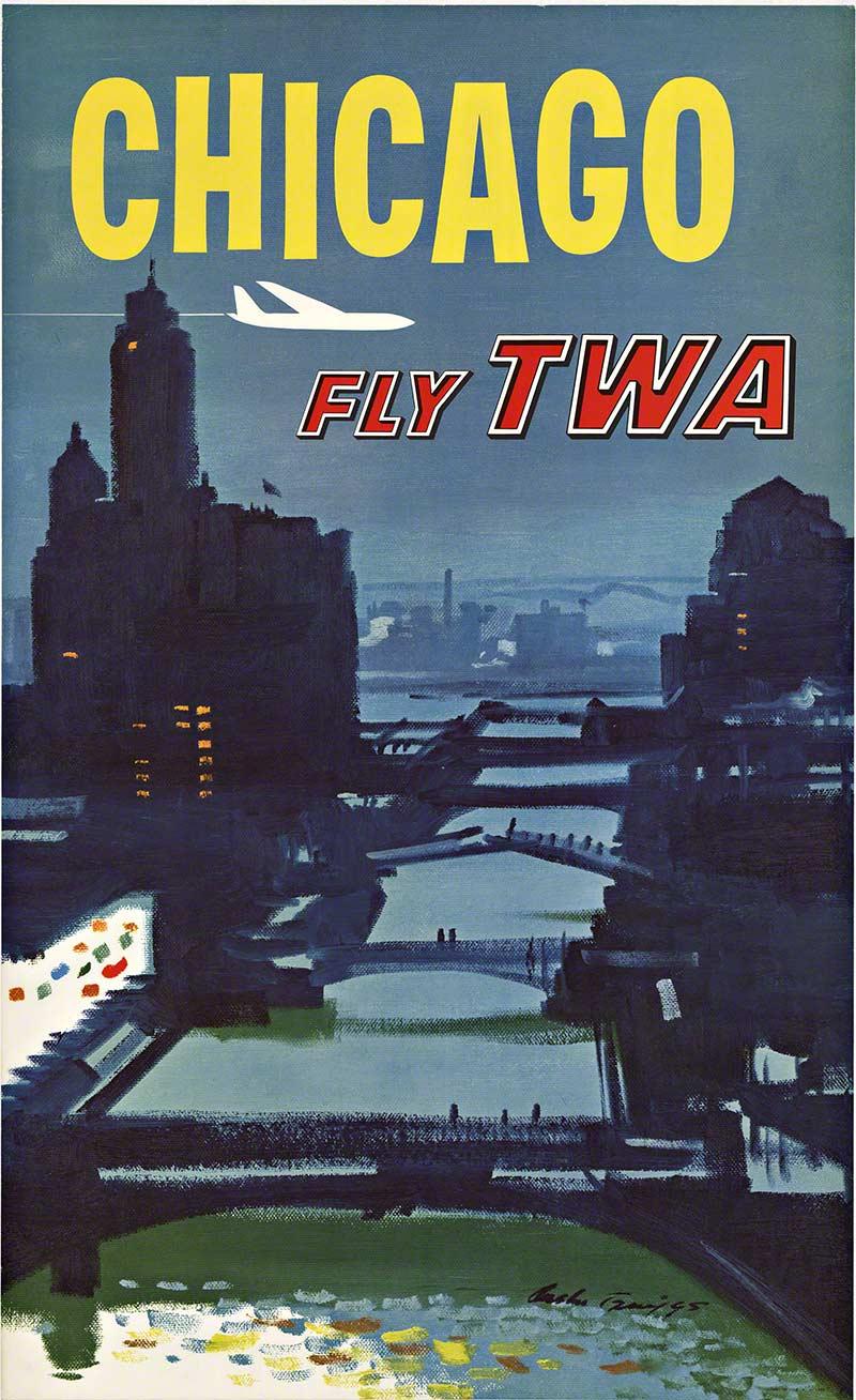Austin Briggs Print - Chicago Fly TWA - Trans World Airline original vintage travel poster