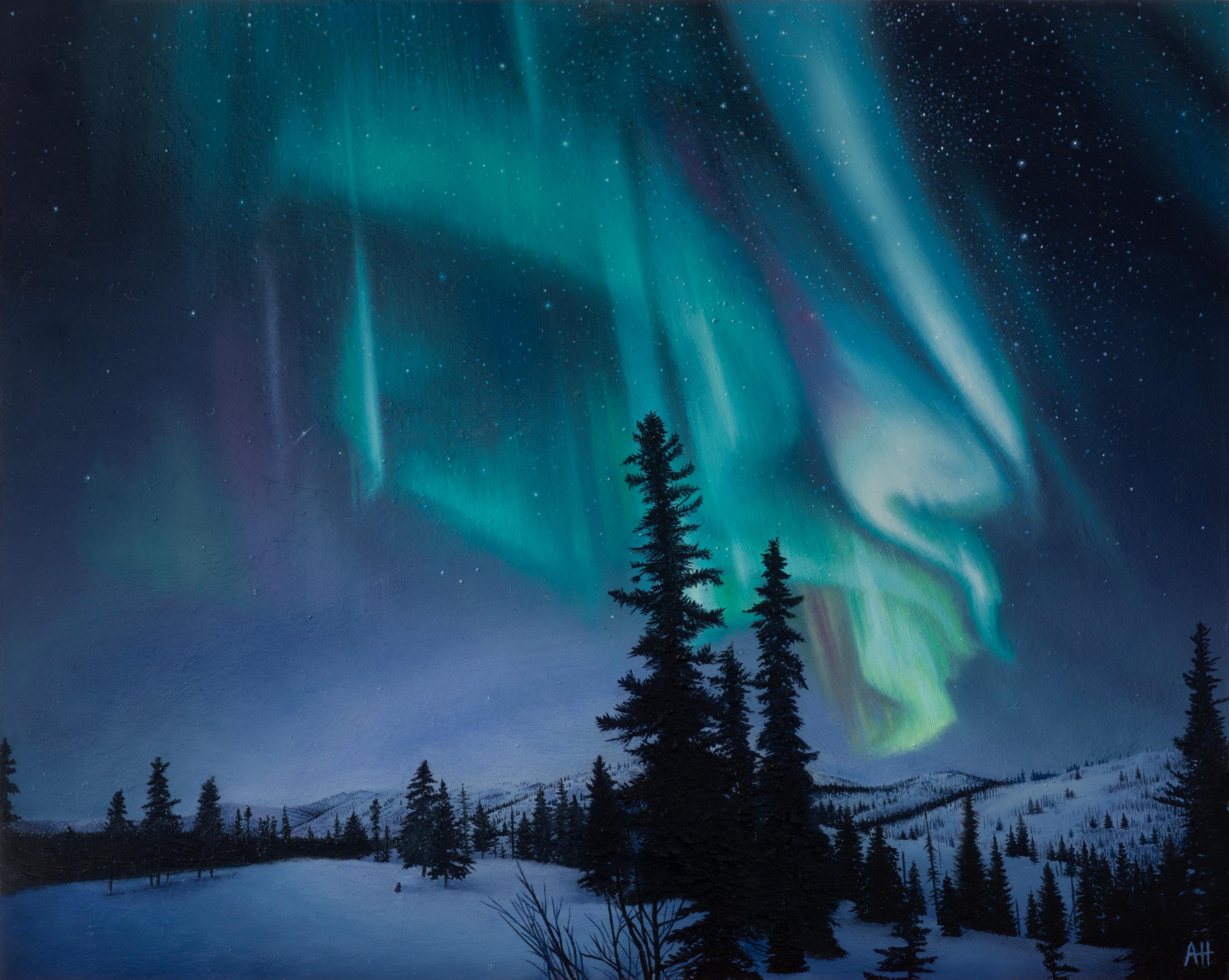 "Witness to the Unknown" di Austin Howlett è un dipinto a olio originale, realizzato a mano, che raffigura un paesaggio ghiacciato con alberi e luci spettacolari sullo sfondo. 

Autobiografia d'artista:
Mi chiamo Austin Howlett e sono un artista