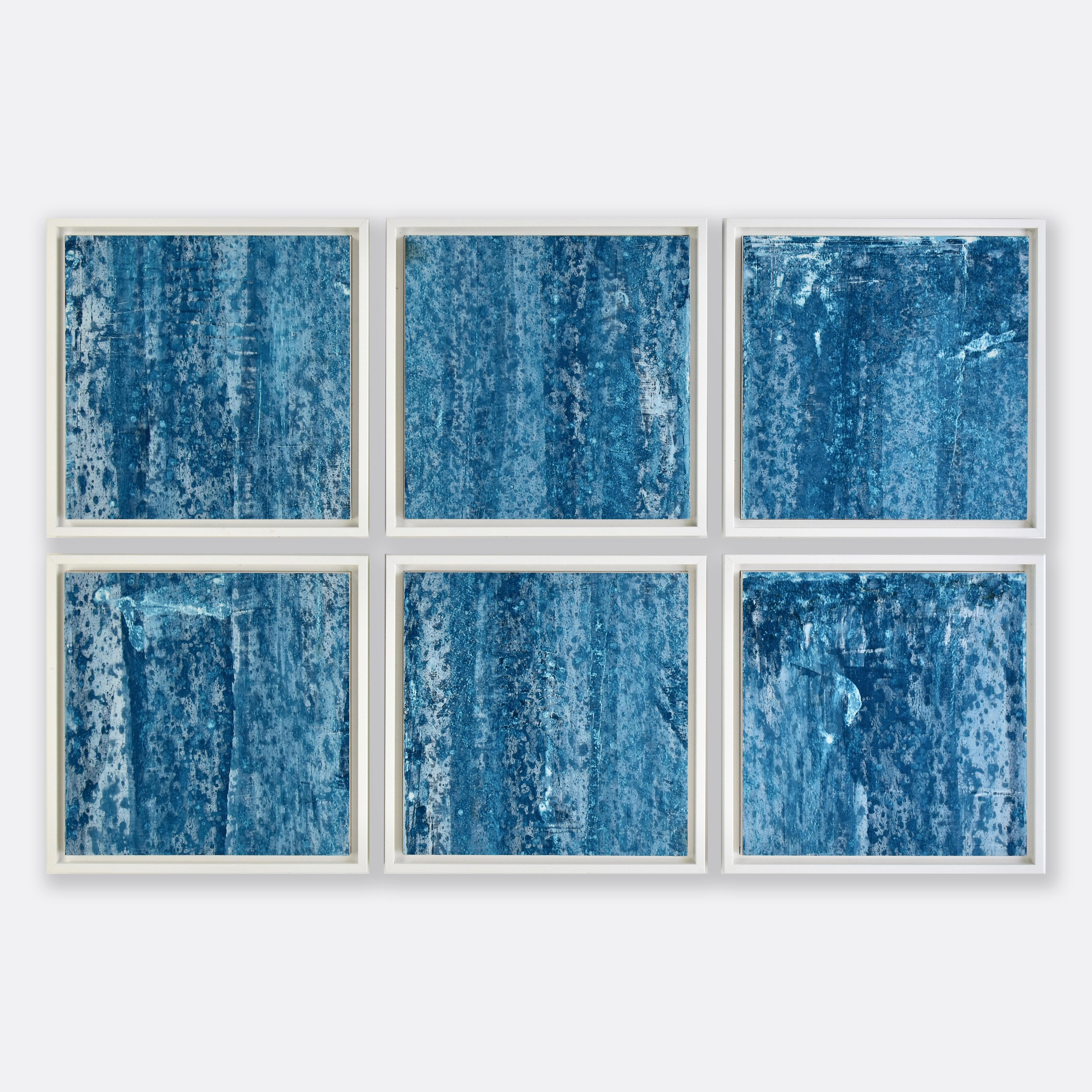 Austin Kerr Abstract Painting - Bless - framed 6 piece blue abstract plaster and acrylic painting 