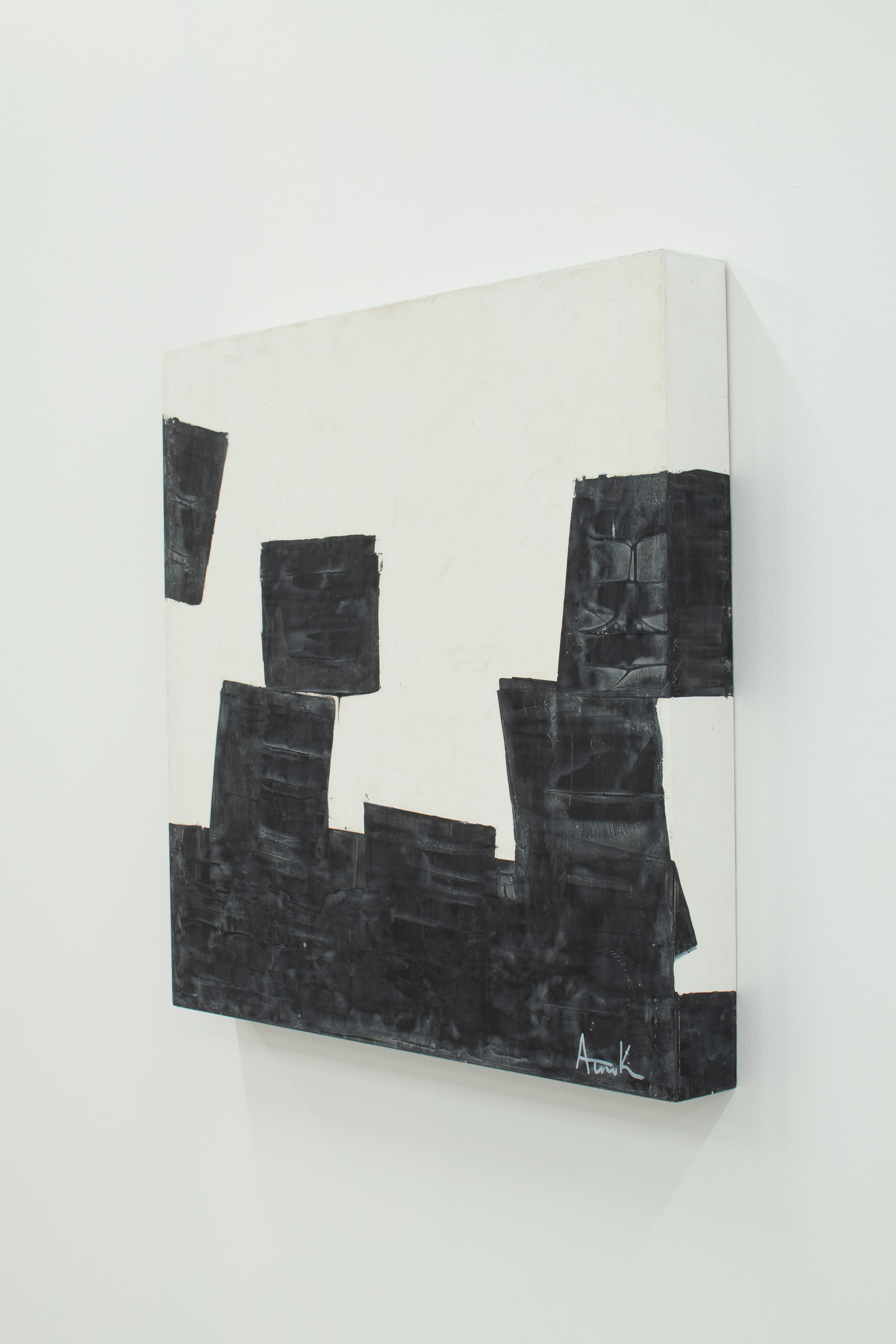 Building Blocks - black and white abstract plaster and acrylic painting  - Abstract Painting by Austin Kerr