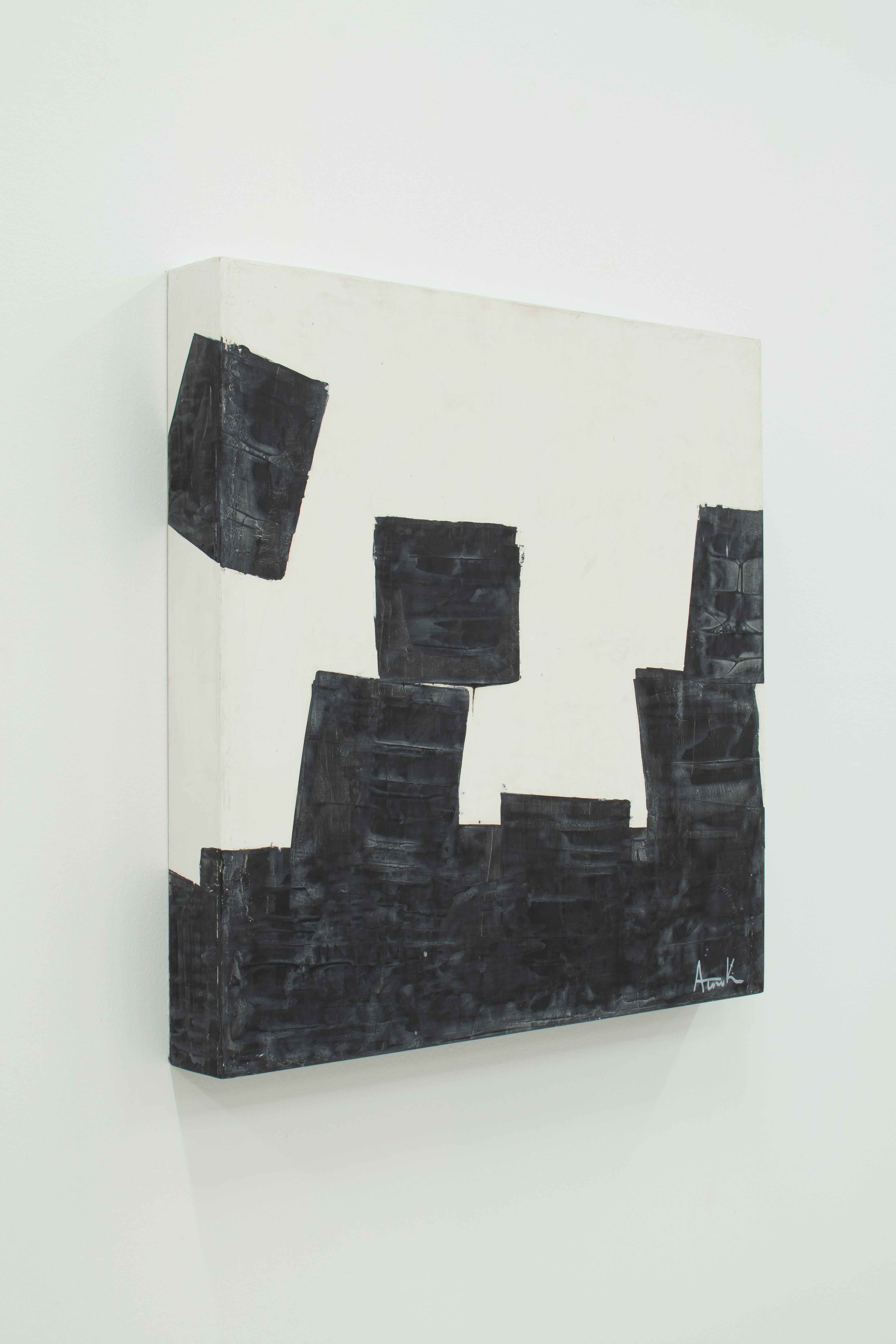 Building Blocks - black and white abstract plaster and acrylic painting  - Painting by Austin Kerr