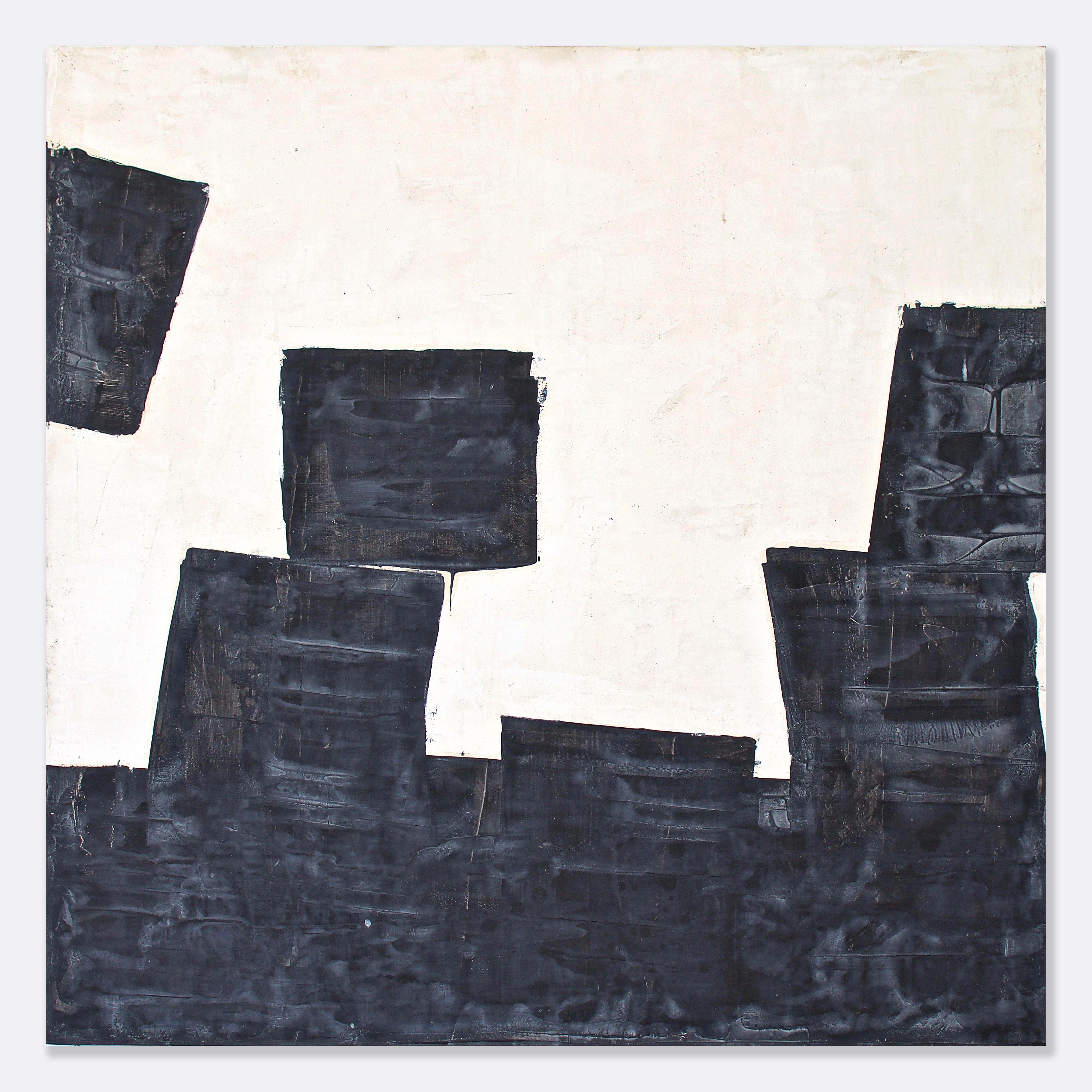Austin Kerr Abstract Painting - Building Blocks - black and white abstract plaster and acrylic painting 