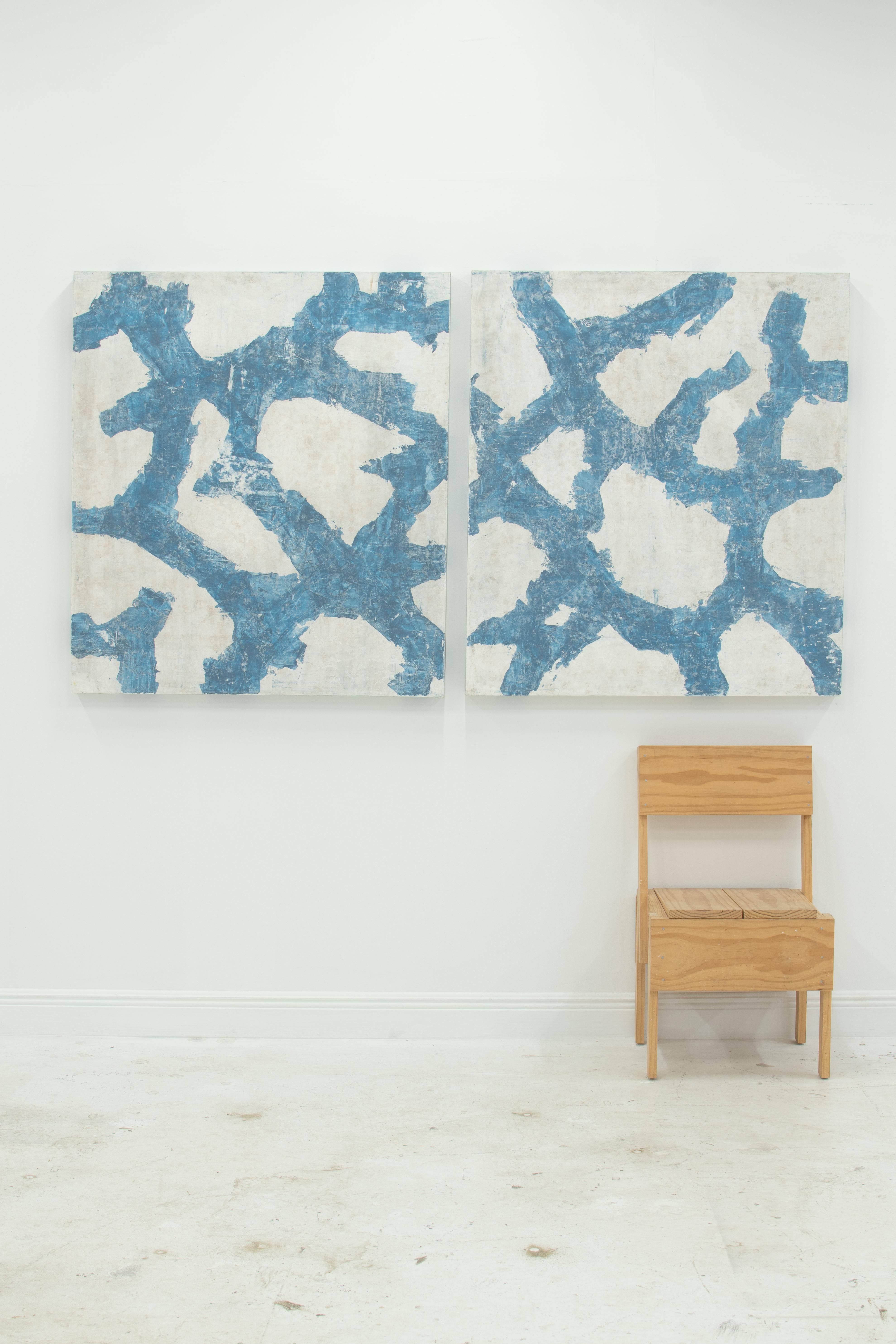 St. Tropez - 2 piece blue and white abstract plaster and acrylic painting  - Abstract Painting by Austin Kerr