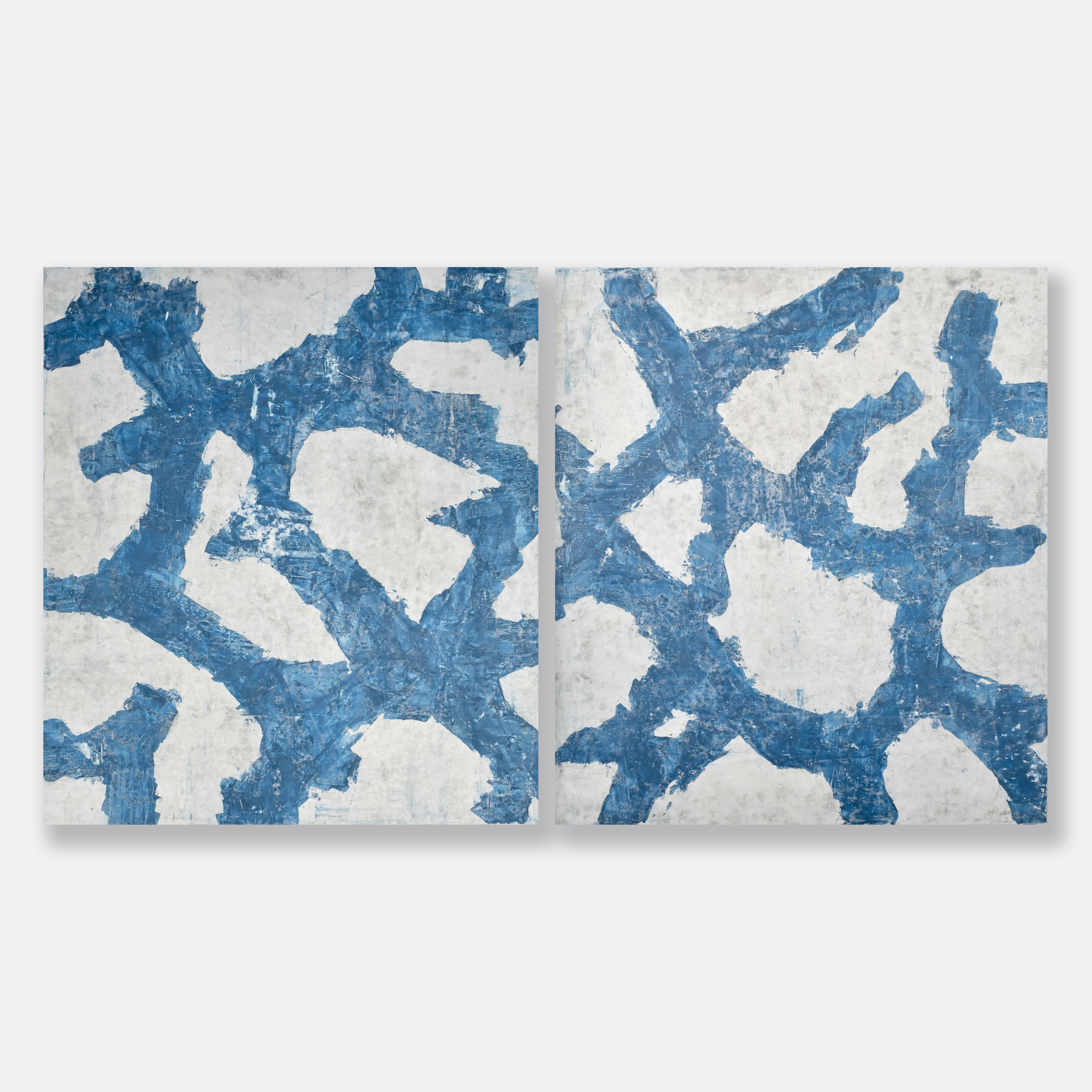 Austin Kerr Abstract Painting - St. Tropez - 2 piece blue and white abstract plaster and acrylic painting 