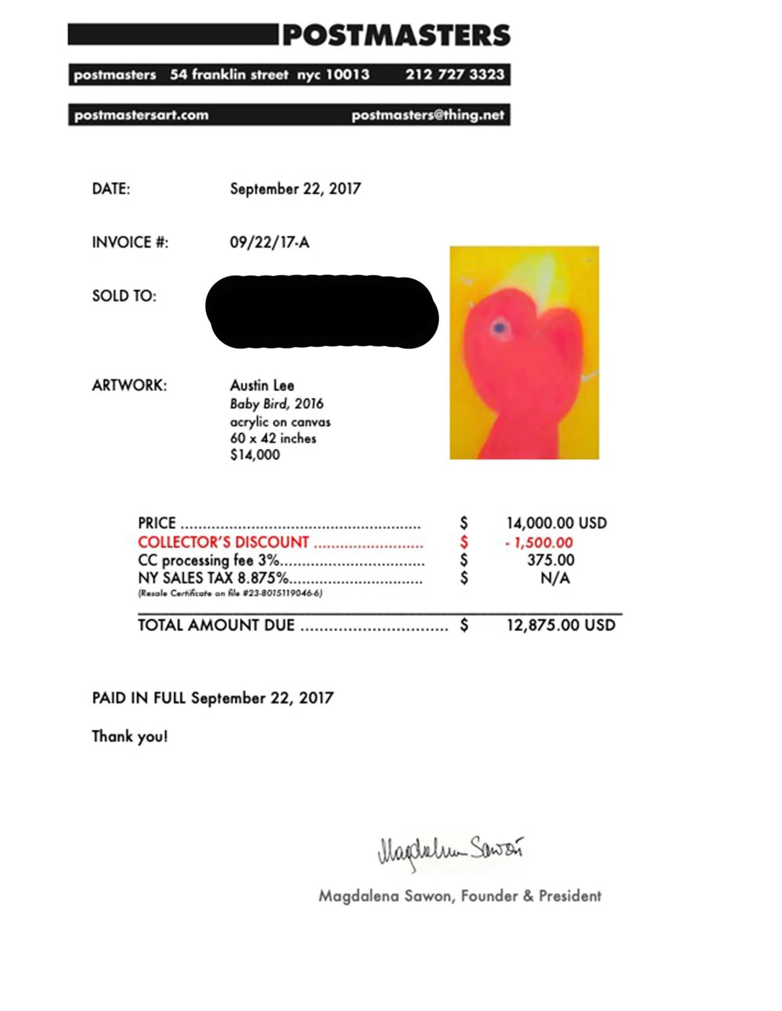 Austin Lee (Born 1983) 'Baby Bird' 2016 Original Acrylic Painting with Receipt For Sale 2