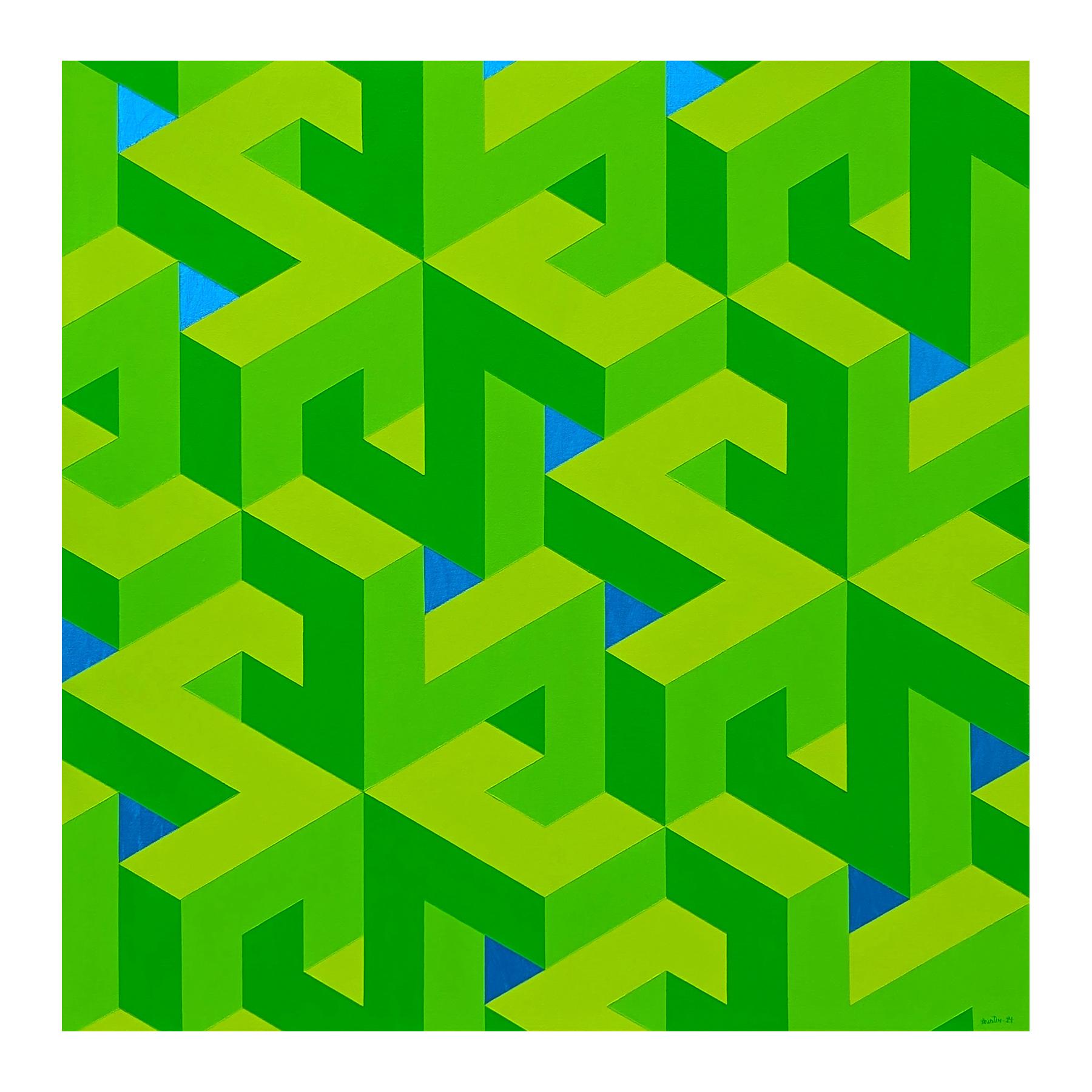 Contemporary Lime Green & Blue Colorful Tessellated Geometric Abstract Painting For Sale 1