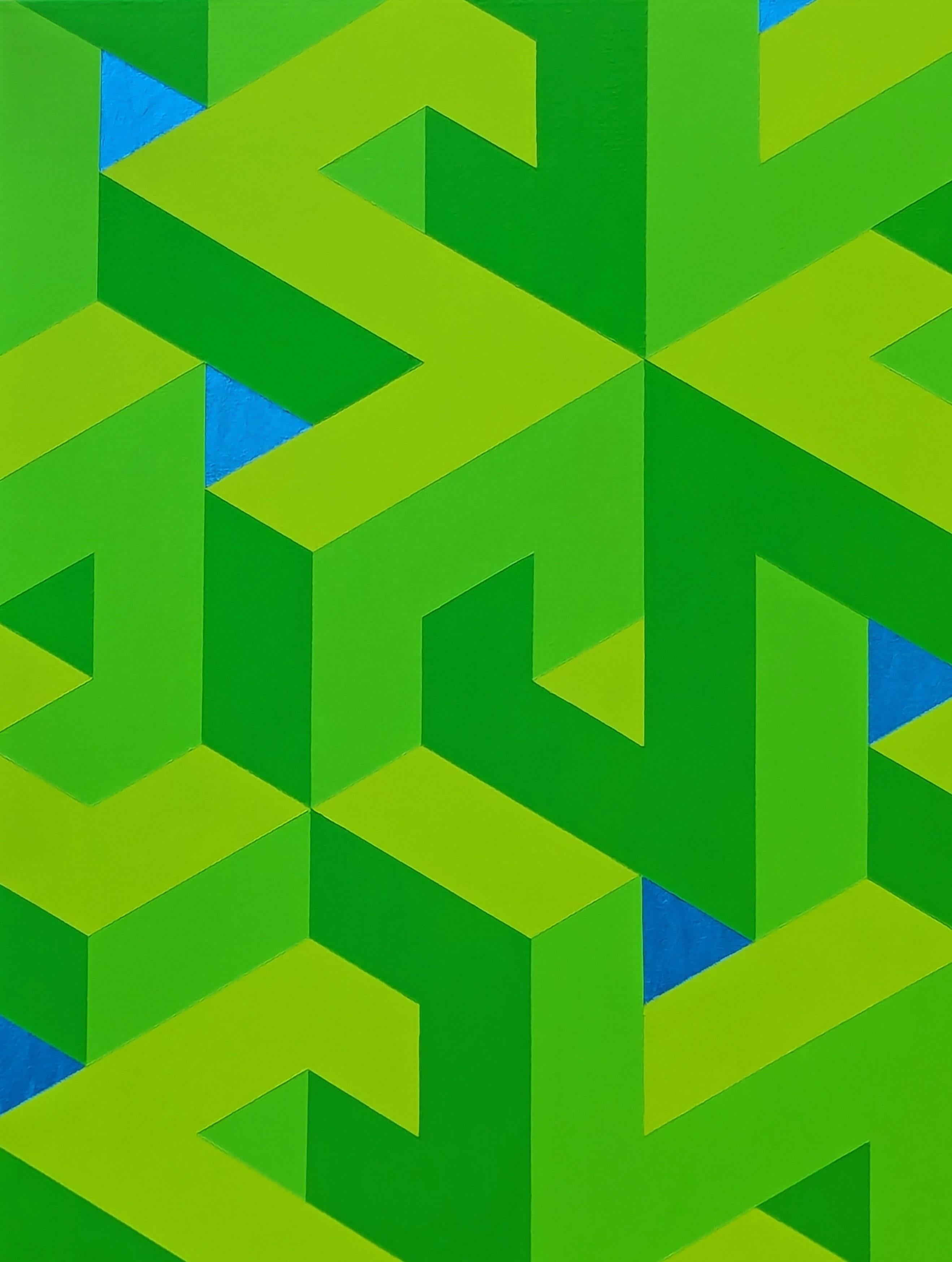 Contemporary Lime Green & Blue Colorful Tessellated Geometric Abstract Painting For Sale 2