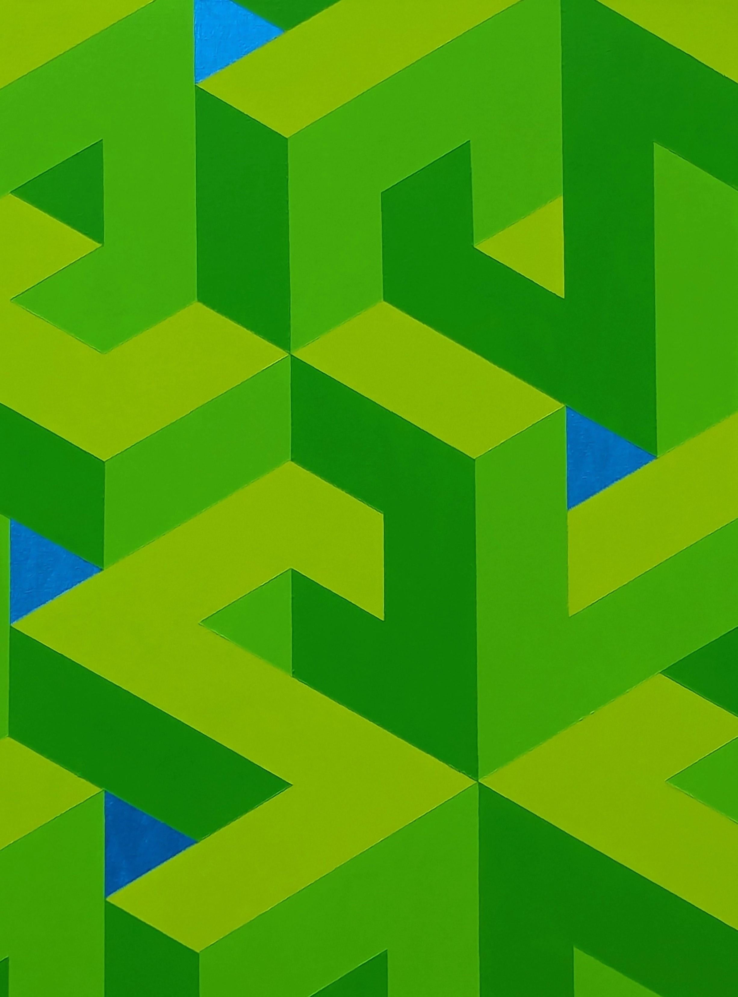 Contemporary Lime Green & Blue Colorful Tessellated Geometric Abstract Painting For Sale 3
