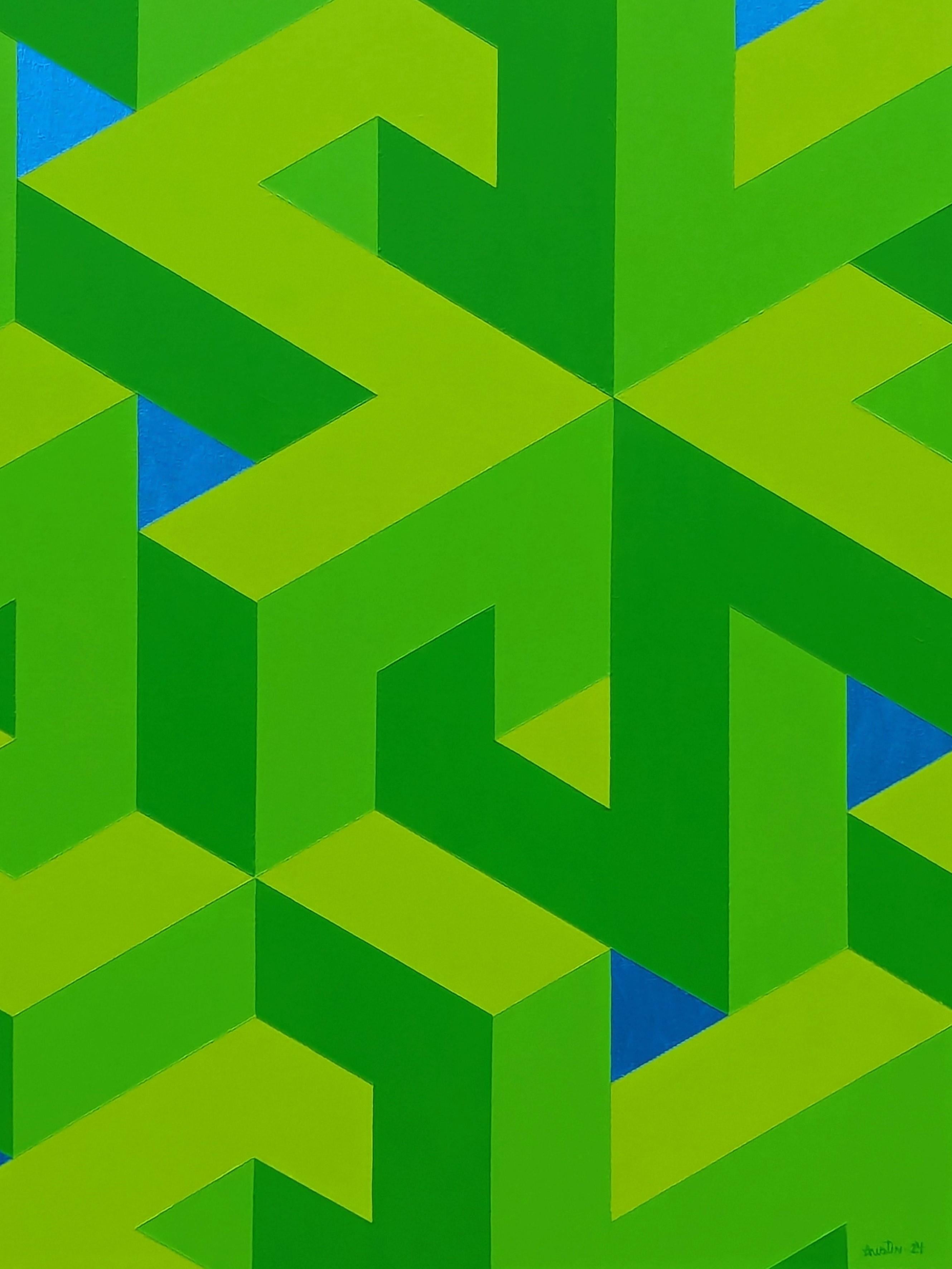 Contemporary Lime Green & Blue Colorful Tessellated Geometric Abstract Painting For Sale 4