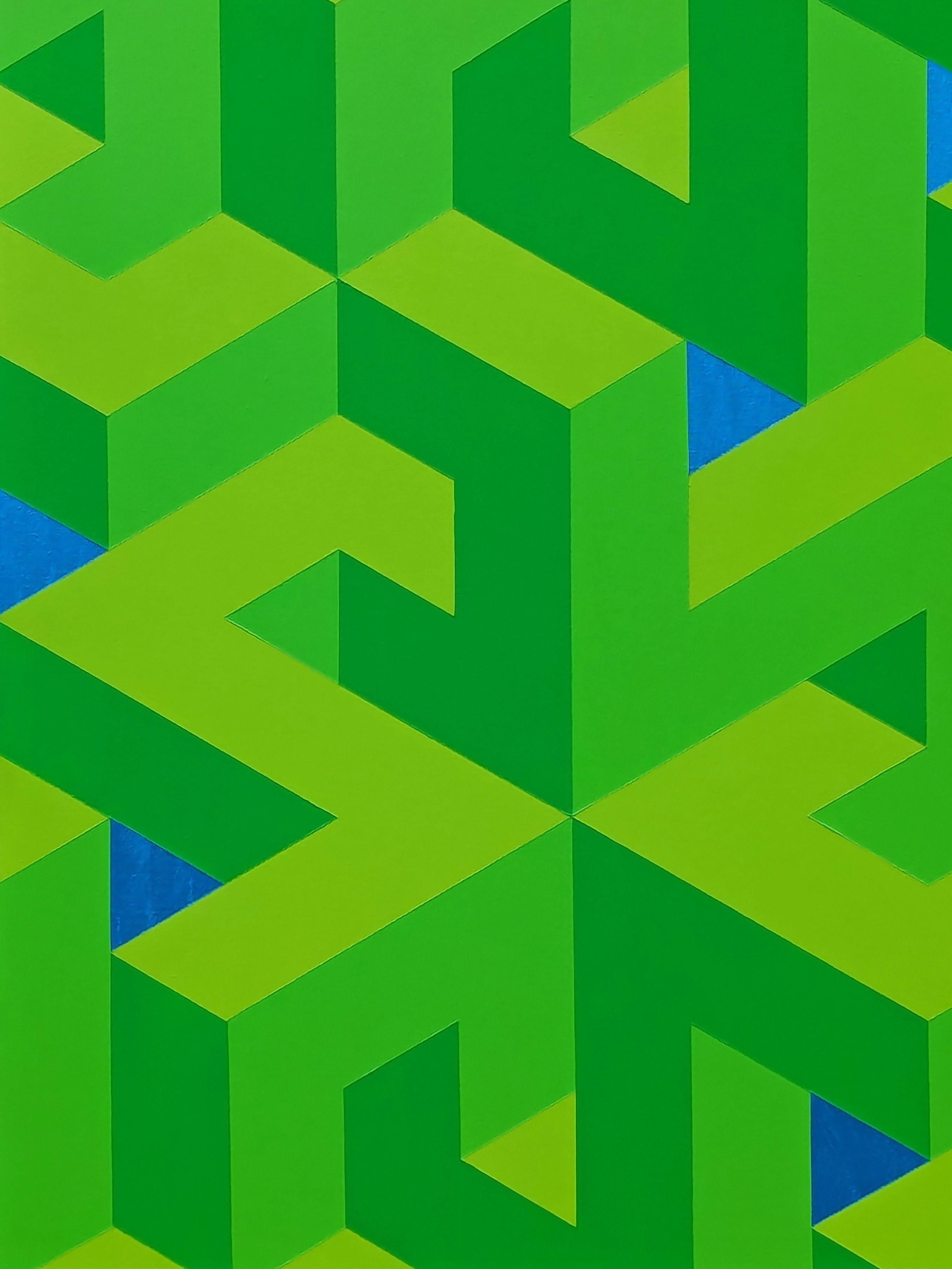Contemporary Lime Green & Blue Colorful Tessellated Geometric Abstract Painting For Sale 5