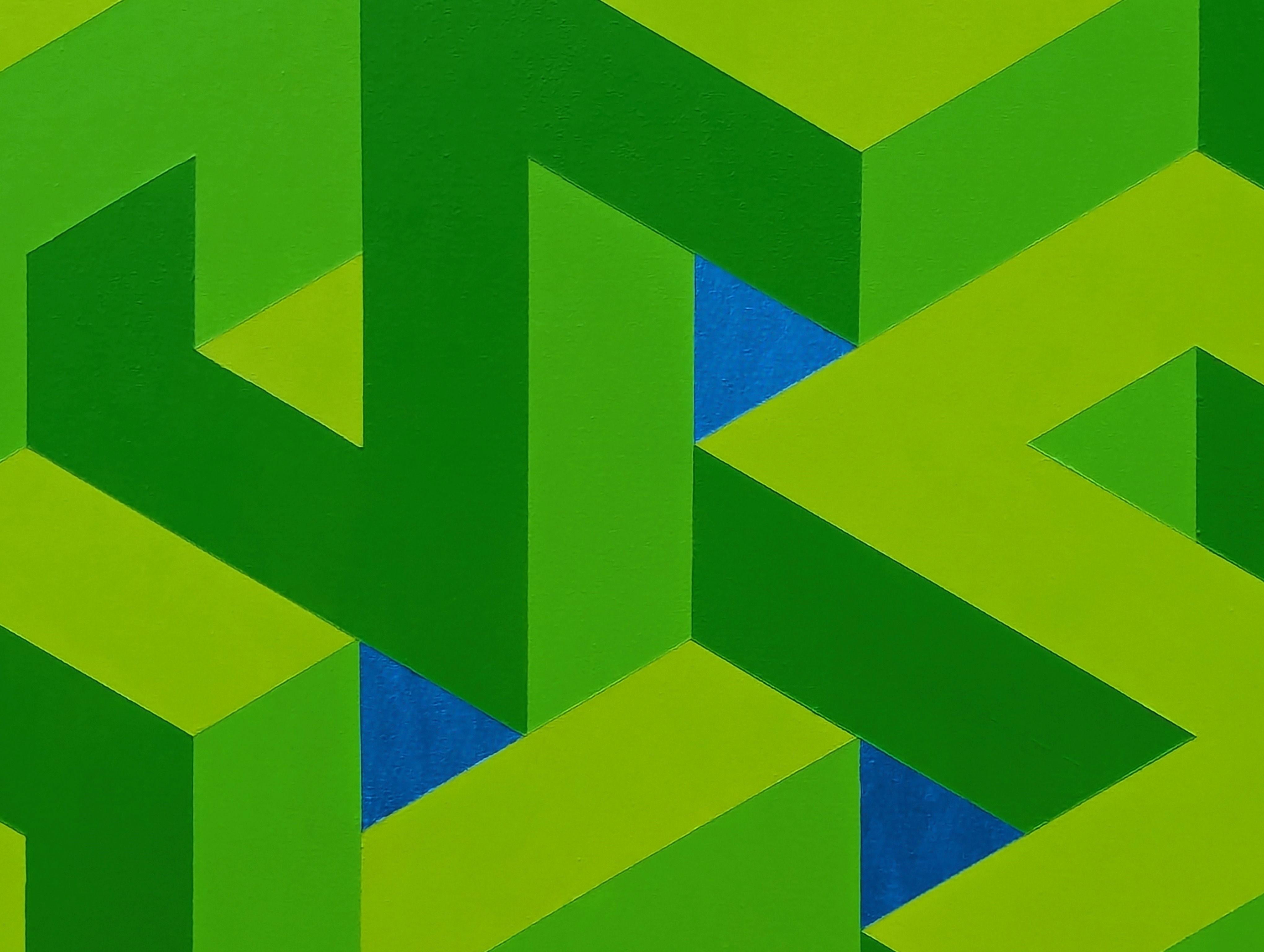 Contemporary Lime Green & Blue Colorful Tessellated Geometric Abstract Painting For Sale 6