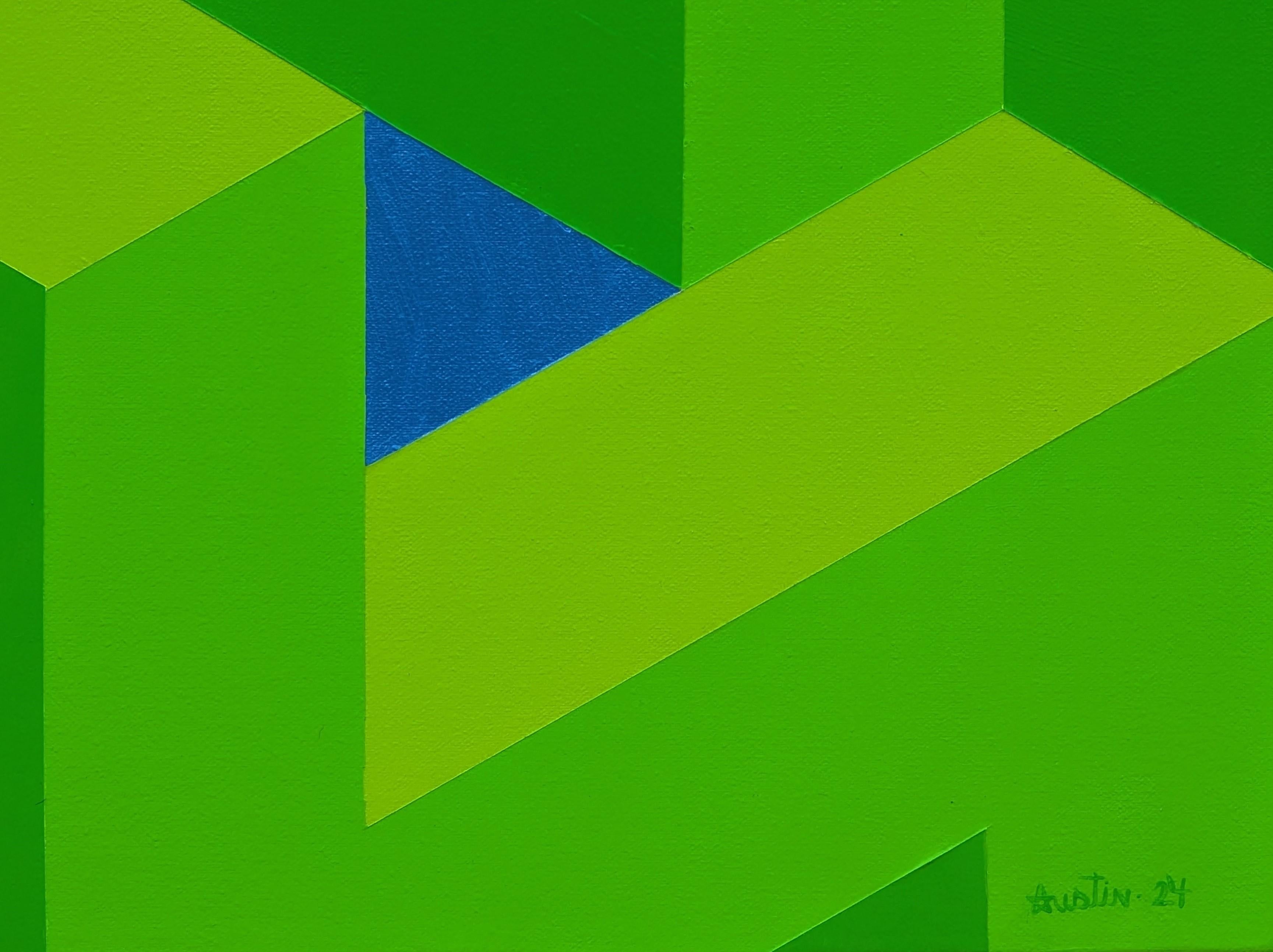 Contemporary Lime Green & Blue Colorful Tessellated Geometric Abstract Painting For Sale 7