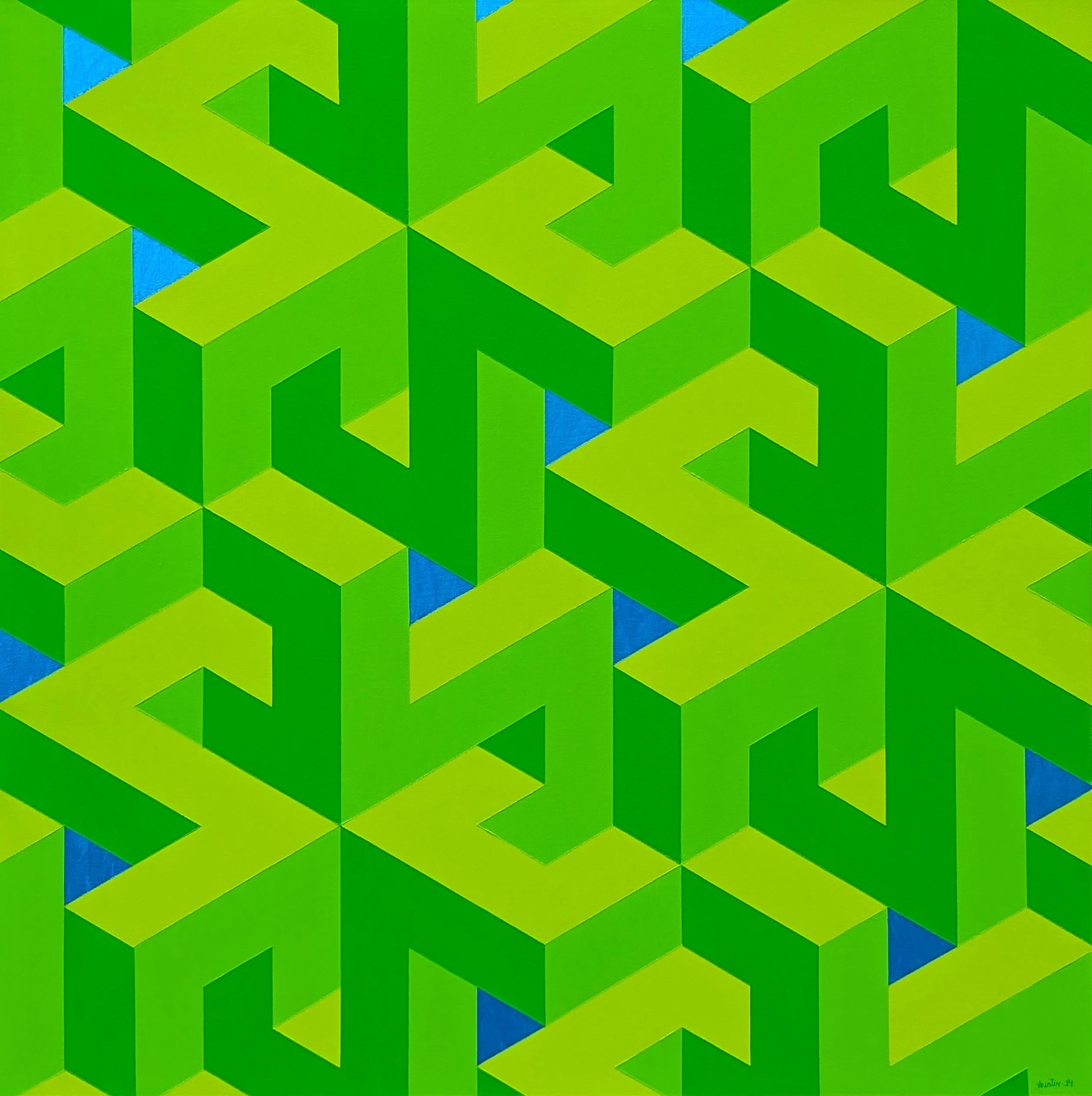 Hand painted and hand stretched op art painting by contemporary artist Austin Magruder. The work features abstract, geometric tessellations that create a mesmerizing pattern. Signed and dated on the reverse. Currently unframed, but options are