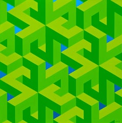 Contemporary Lime Green & Blue Colorful Tessellated Geometric Abstract Painting