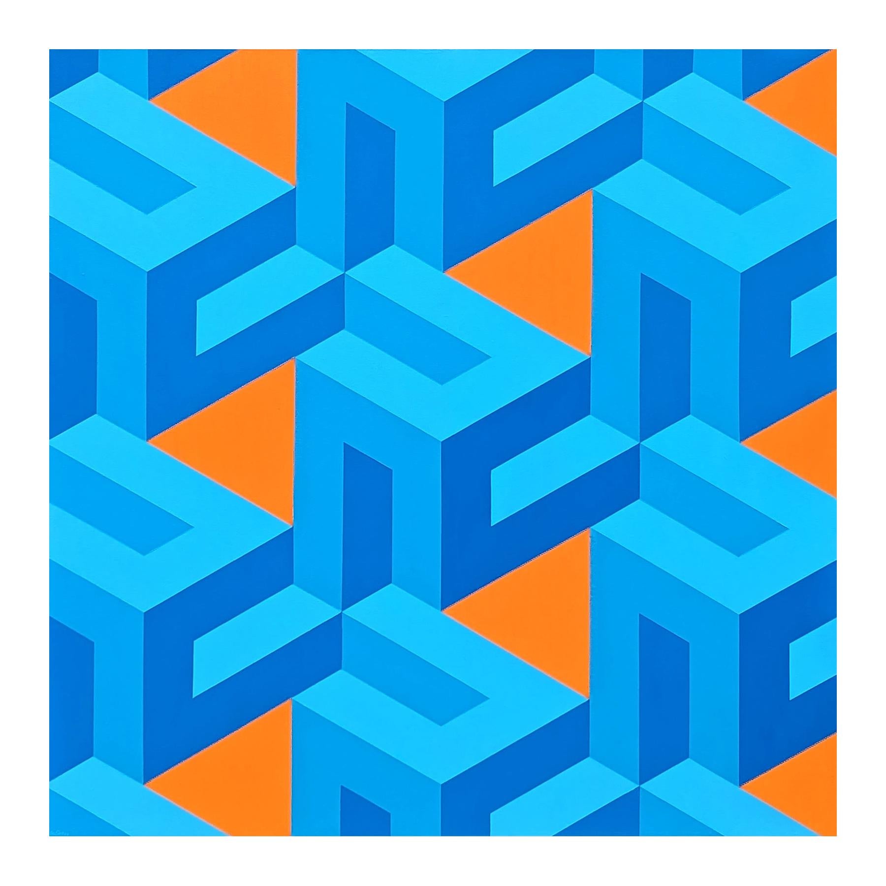 Contemporary Orange & Blue Colorful Tessellated Geometric Abstract Painting im Angebot 1