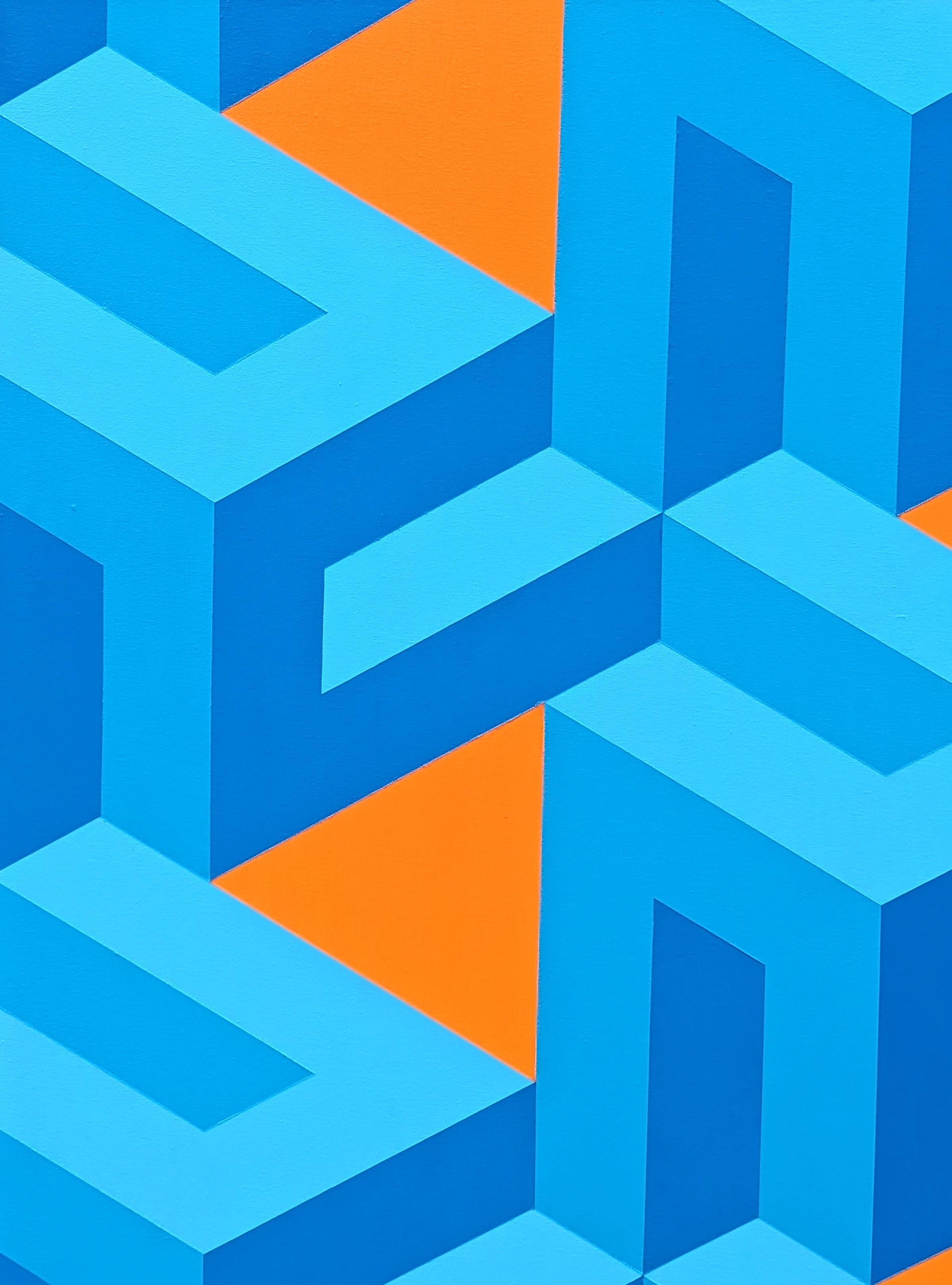 Contemporary Orange & Blue Colorful Tessellated Geometric Abstract Painting im Angebot 2