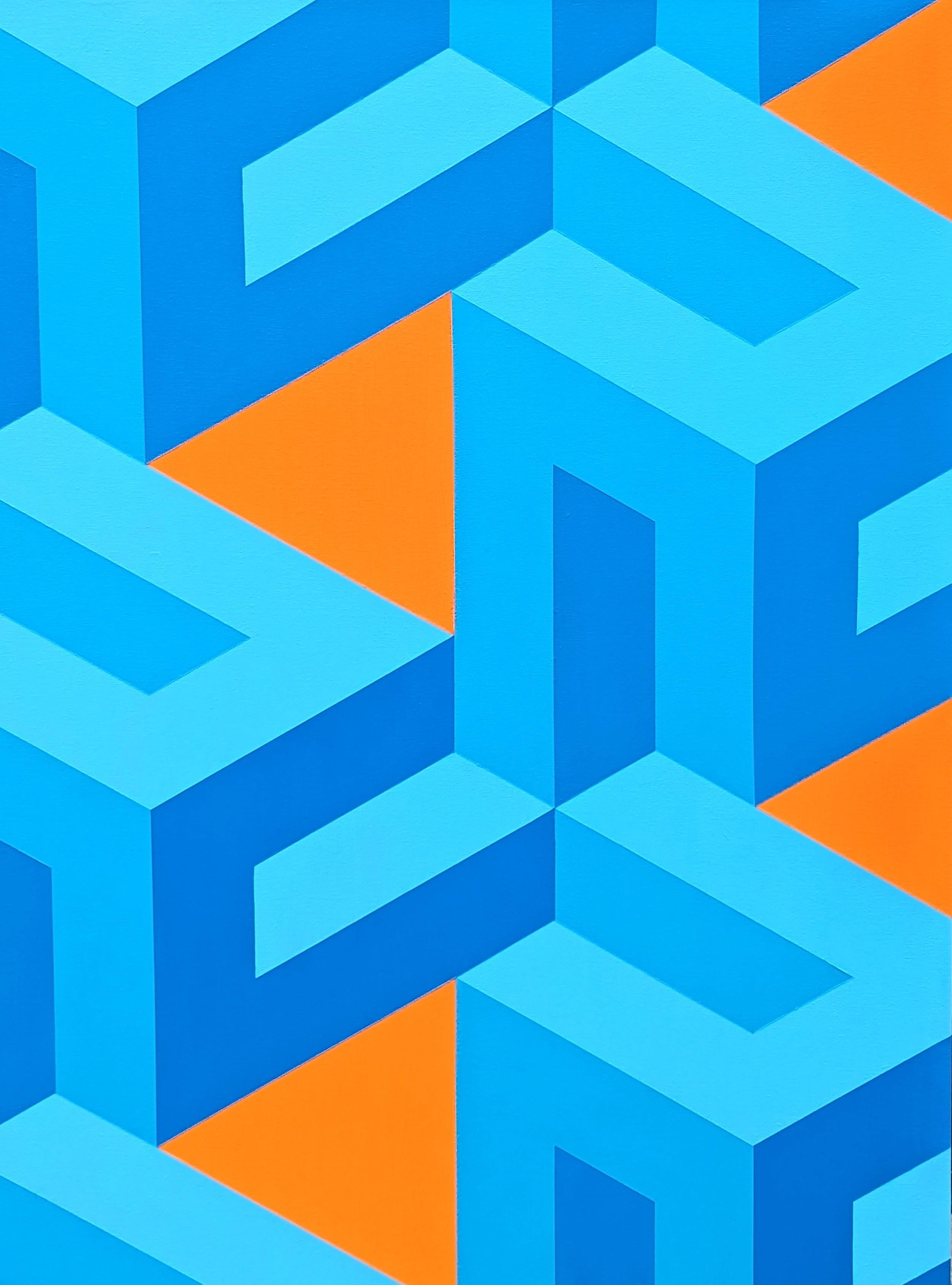 Contemporary Orange & Blue Colorful Tessellated Geometric Abstract Painting im Angebot 3