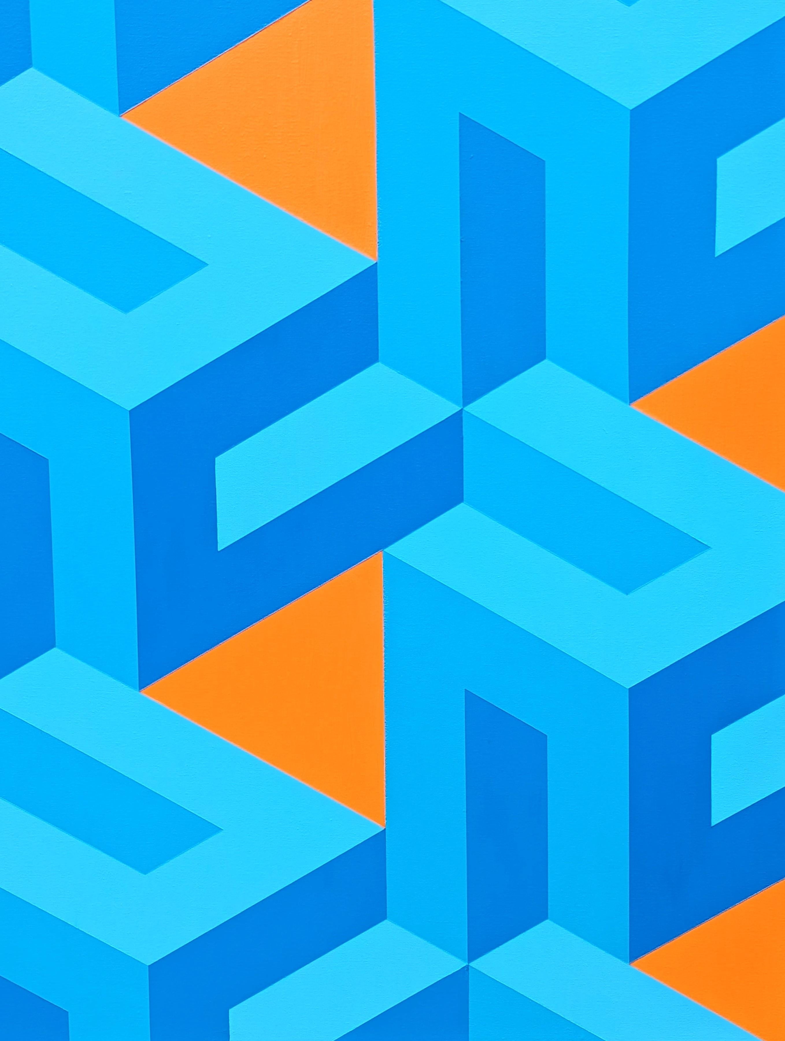 Contemporary Orange & Blue Colorful Tessellated Geometric Abstract Painting im Angebot 4