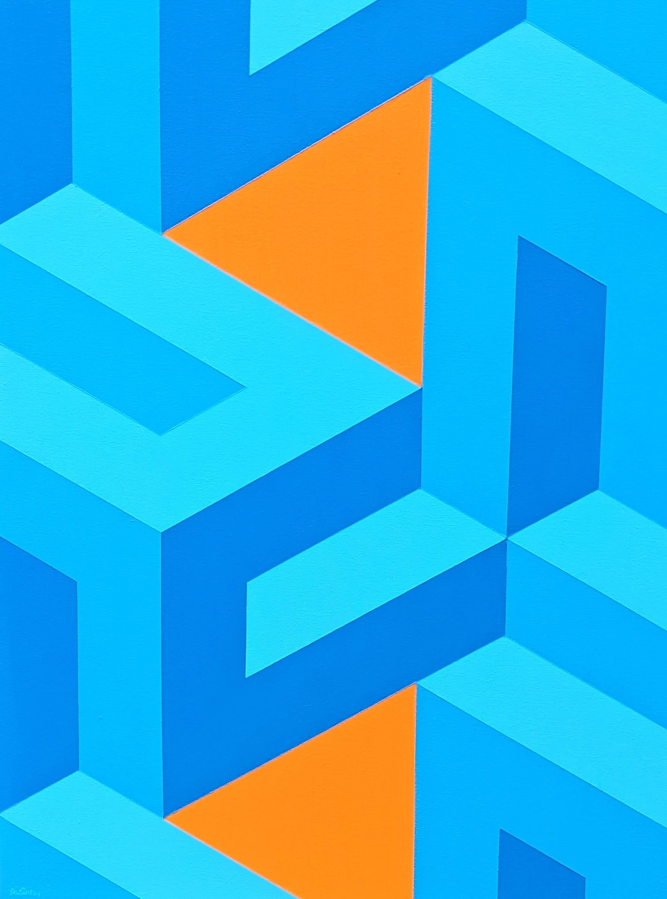 Contemporary Orange & Blue Colorful Tessellated Geometric Abstract Painting im Angebot 5