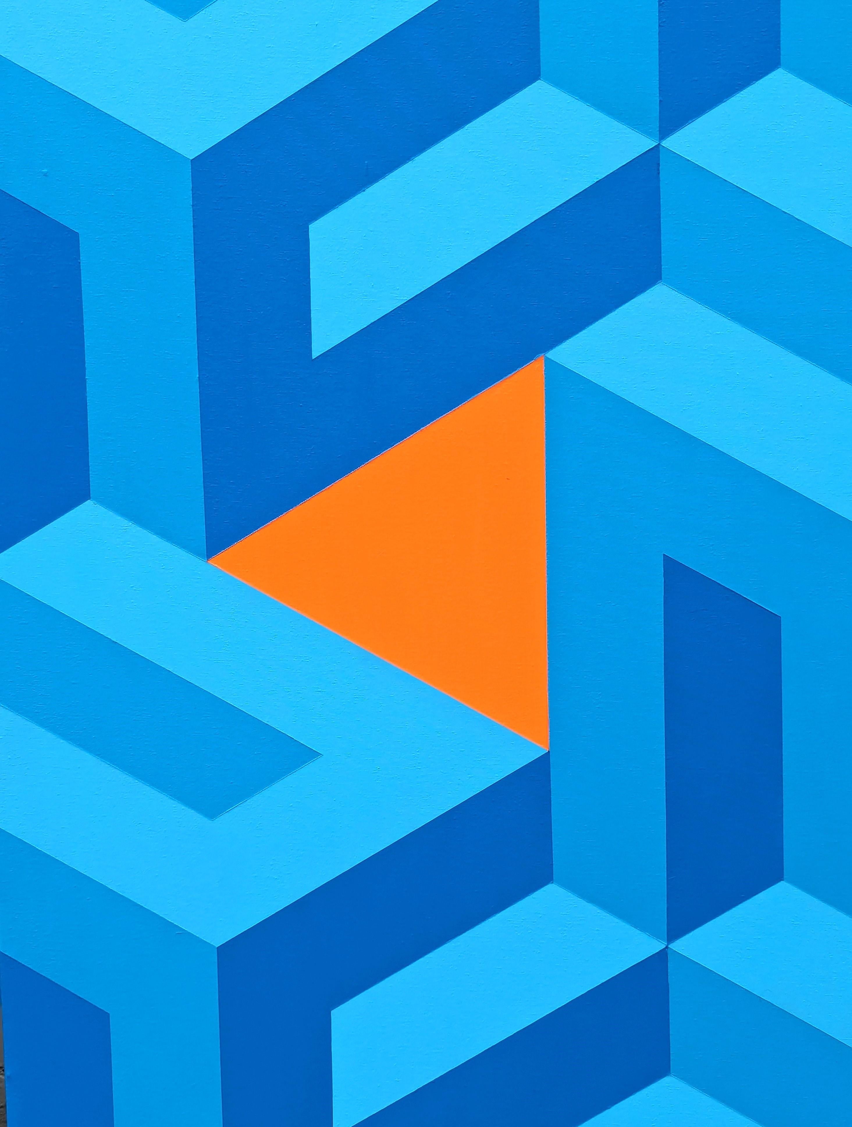 Contemporary Orange & Blue Colorful Tessellated Geometric Abstract Painting im Angebot 6