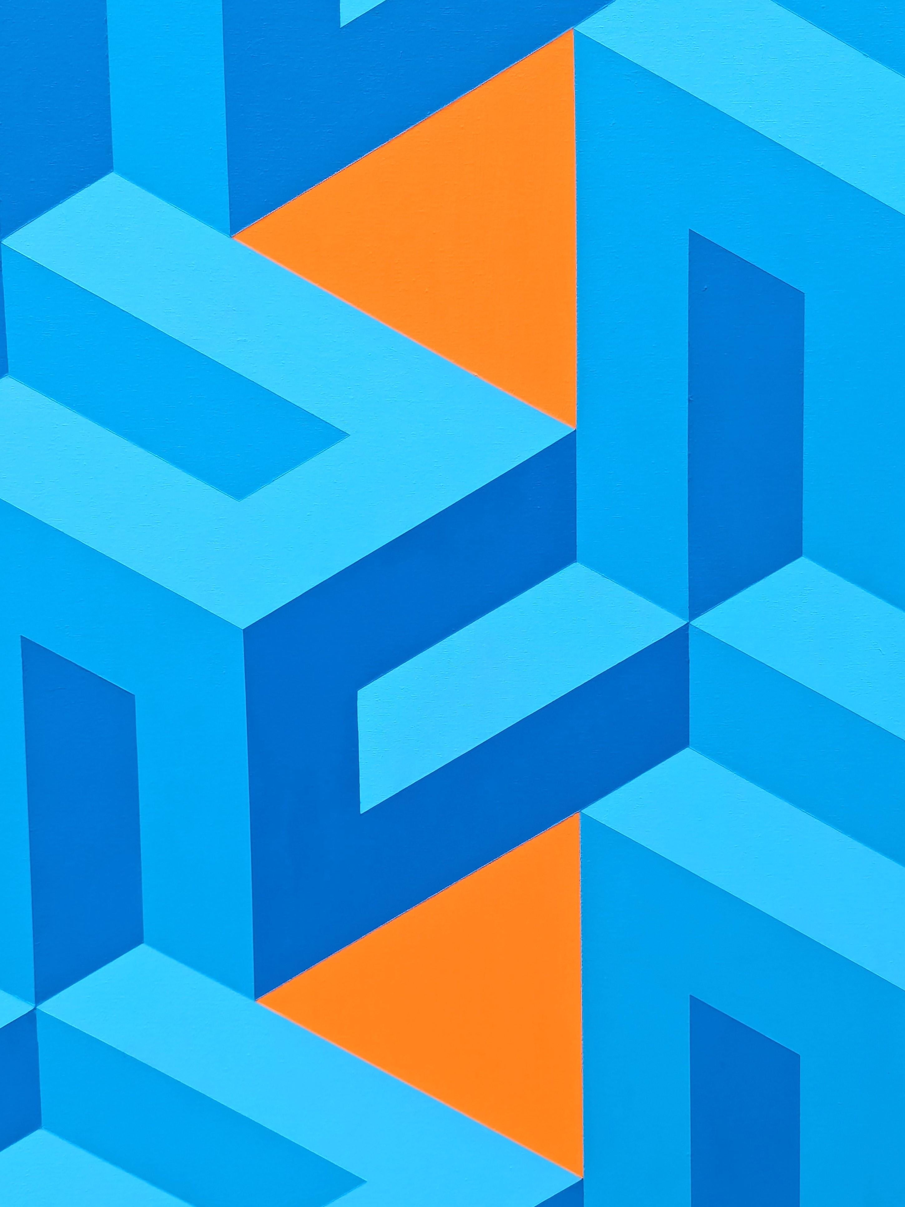 Contemporary Orange & Blue Colorful Tessellated Geometric Abstract Painting im Angebot 7