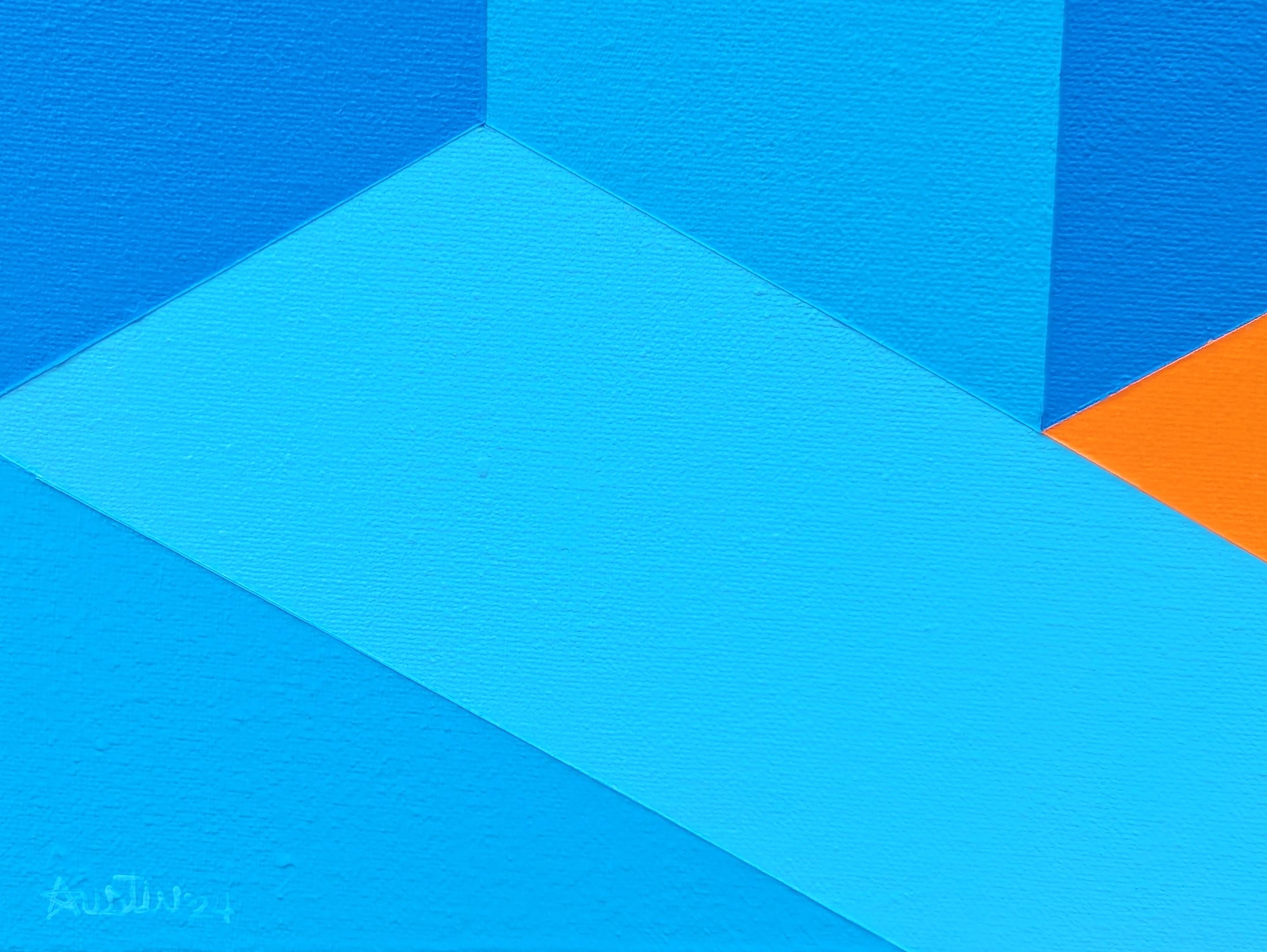 Contemporary Orange & Blue Colorful Tessellated Geometric Abstract Painting im Angebot 8